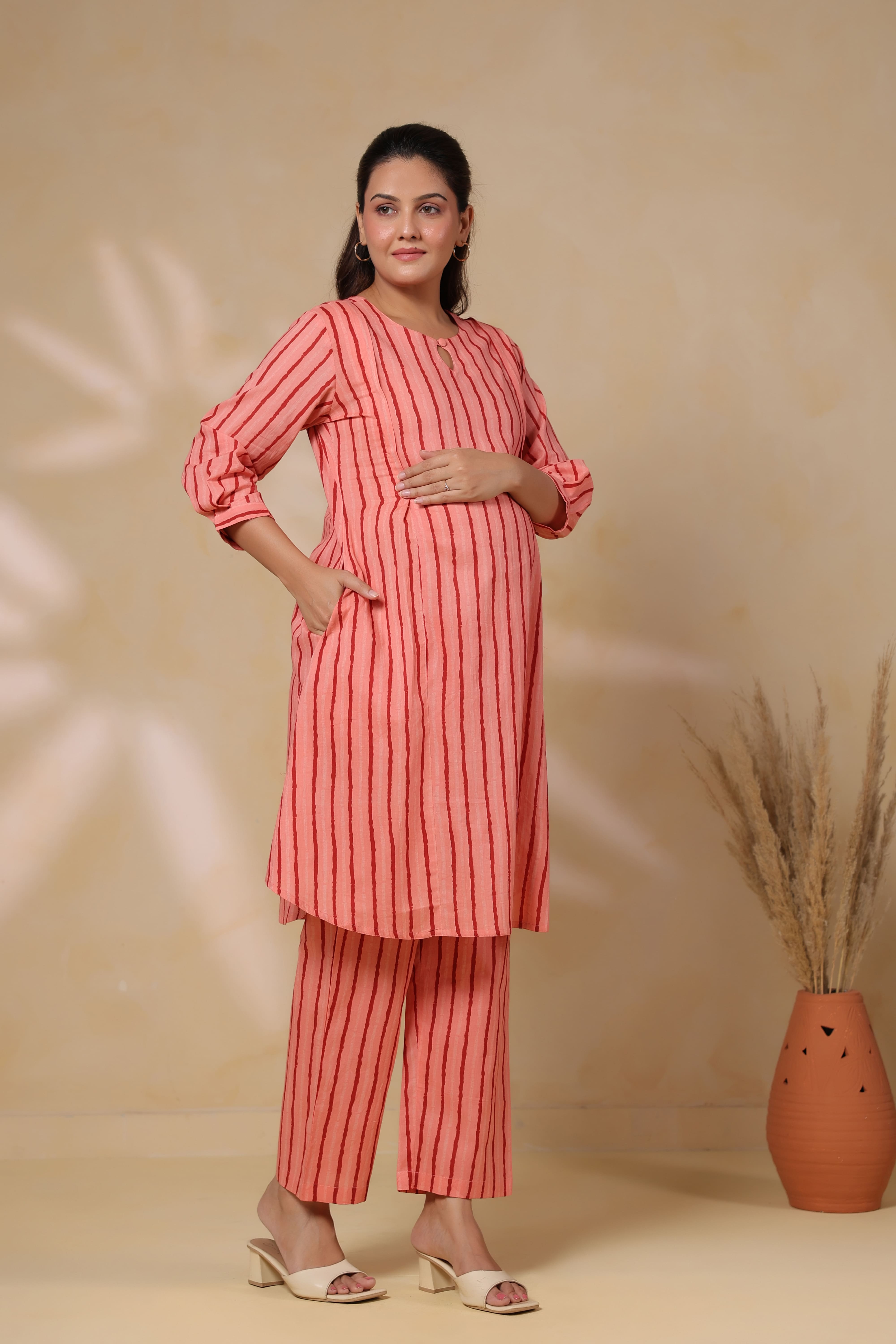 Blushing Peach Striped Cotton Maternity - Nursing Co-ord Set