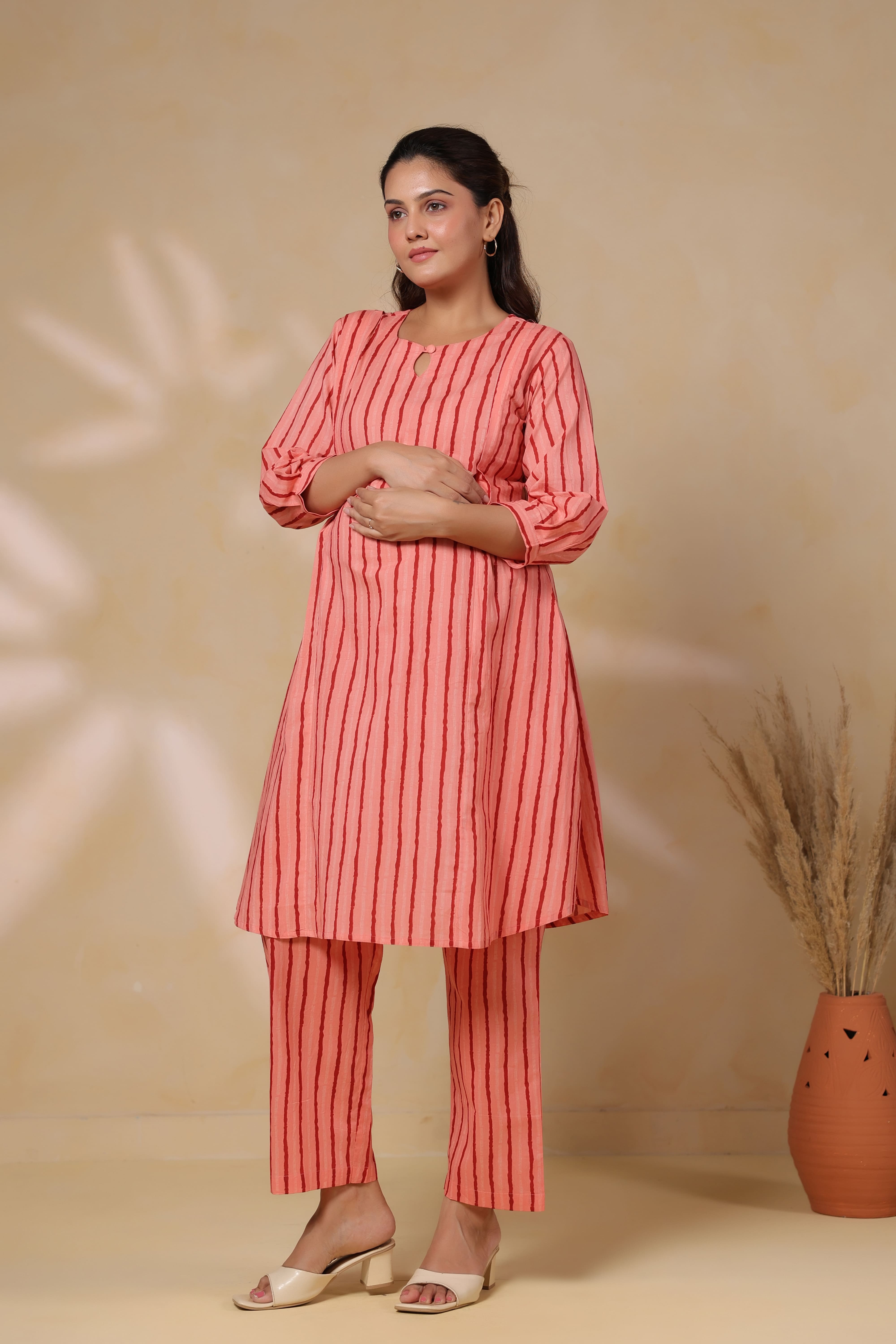 Blushing Peach Striped Cotton Maternity - Nursing Co-ord Set
