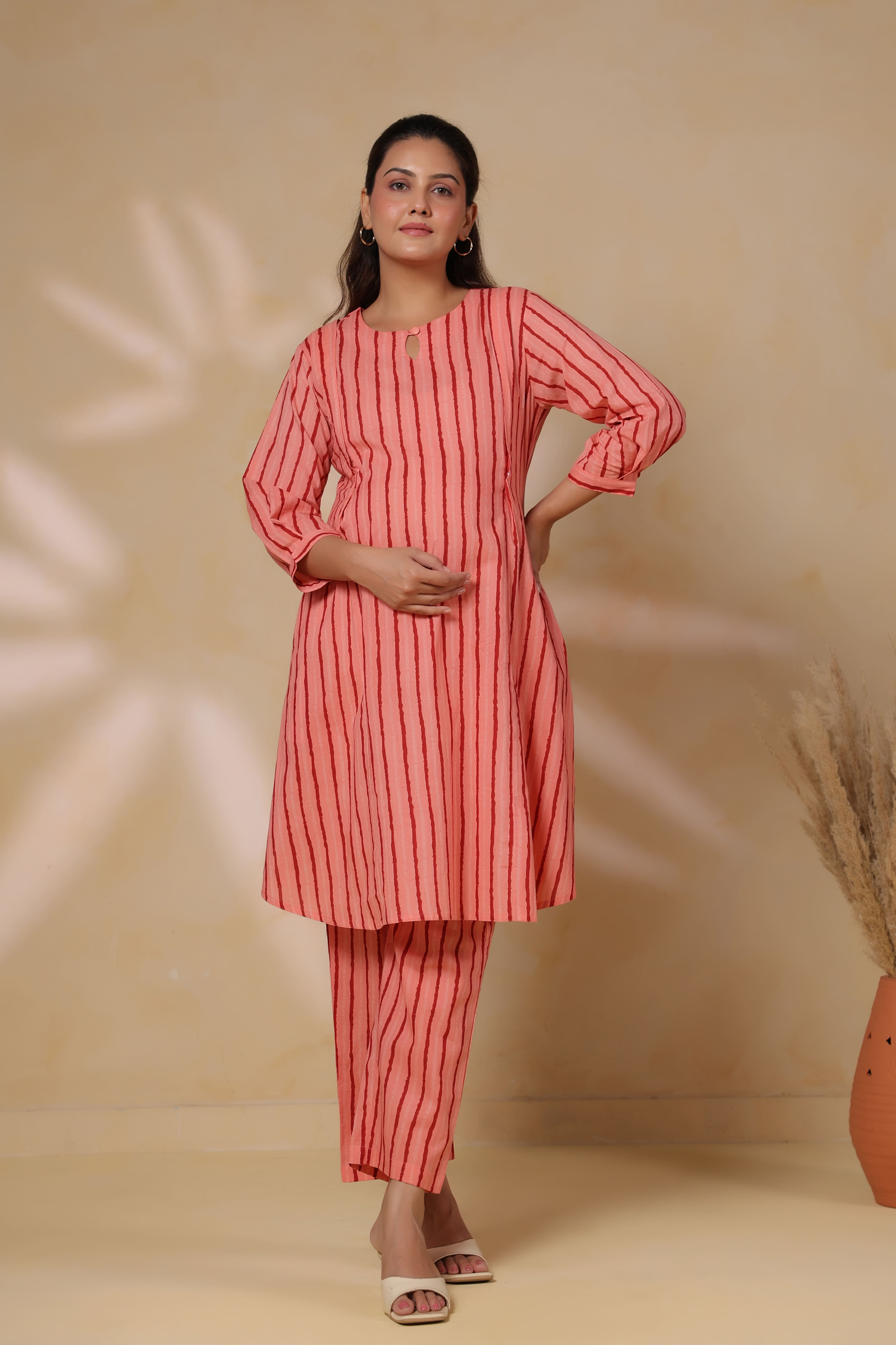 Blushing Peach Striped Cotton Maternity - Nursing Co-ord Set