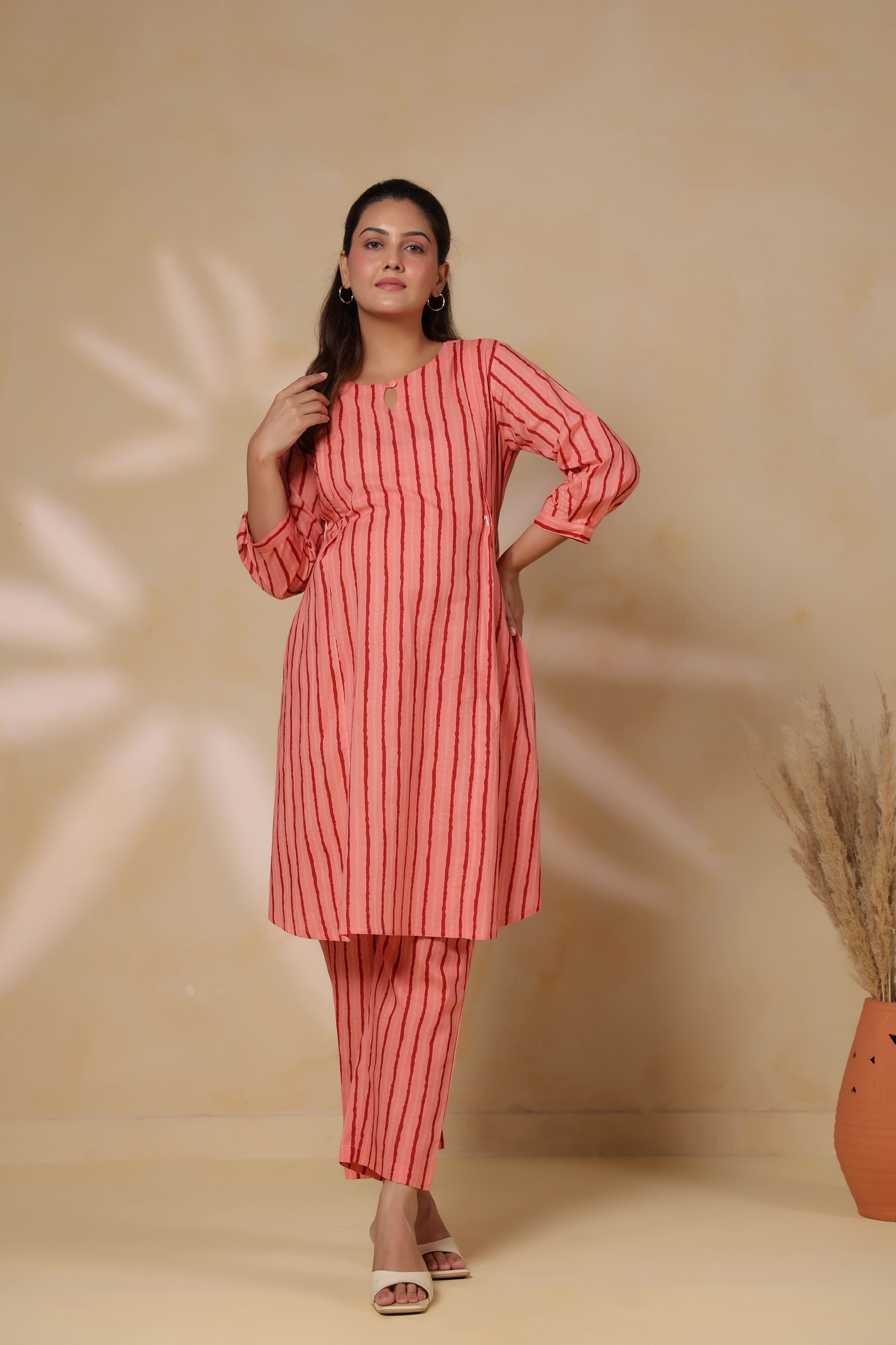 Blushing Peach Striped Cotton Maternity - Nursing Co-ord Set