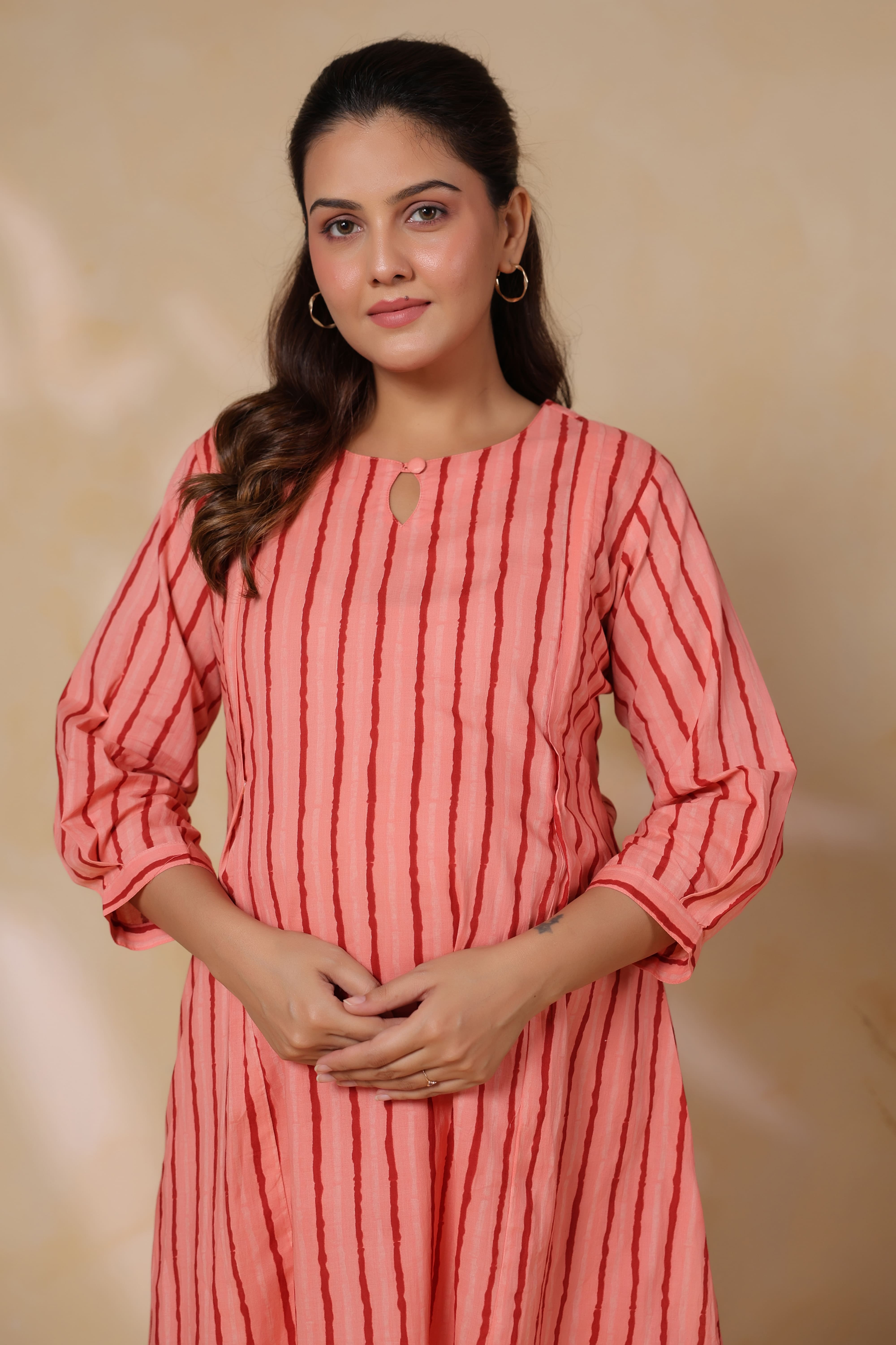 Blushing Peach Striped Cotton Maternity - Nursing Co-ord Set