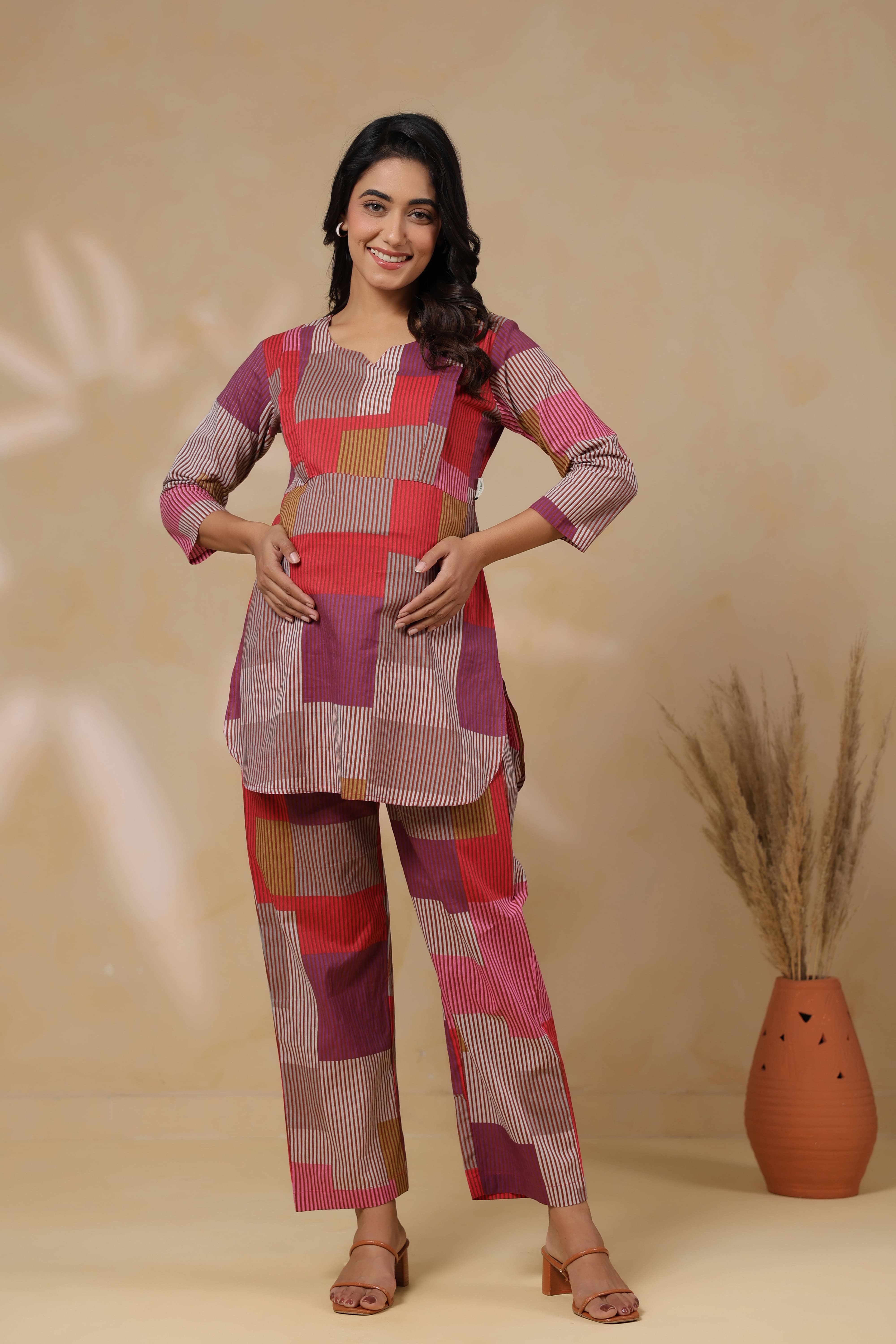 Cherry Multi Panelled Cotton Maternity - Nursing Co-ord Set