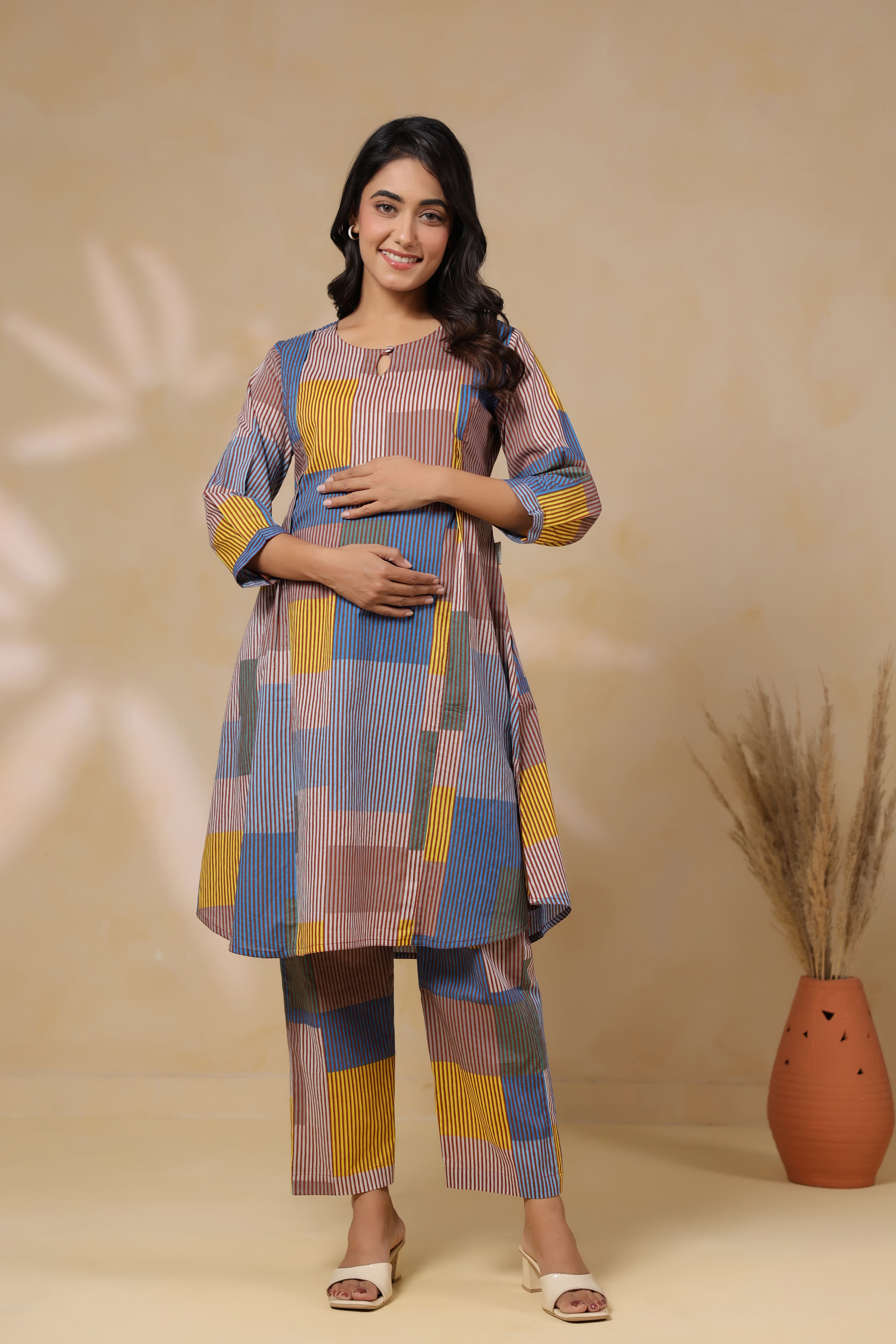 Ocean Blue Multi Panelled Cotton Maternity - Nursing Co-ord Set