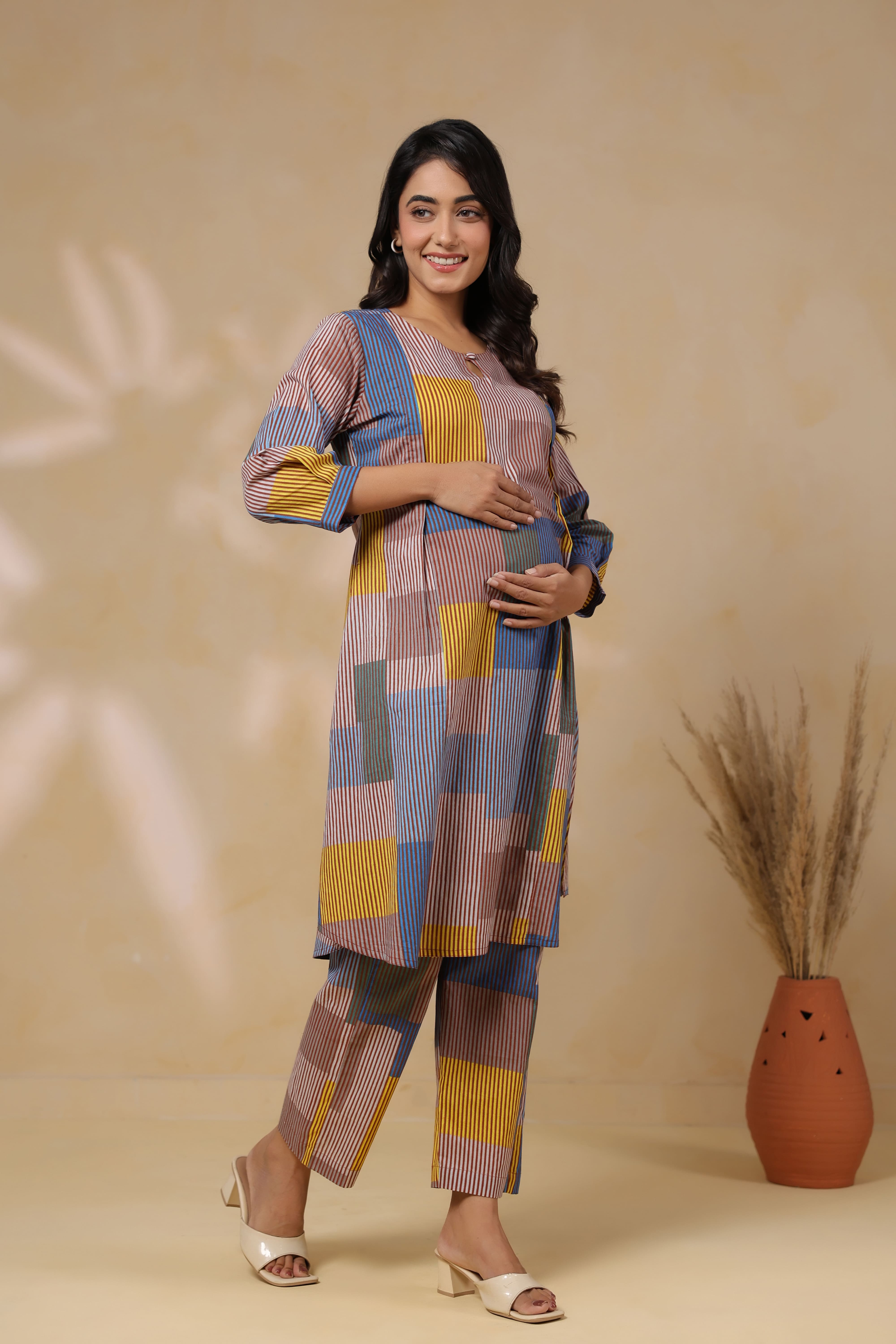 Ocean Blue Multi Panelled Cotton Maternity - Nursing Co-ord Set