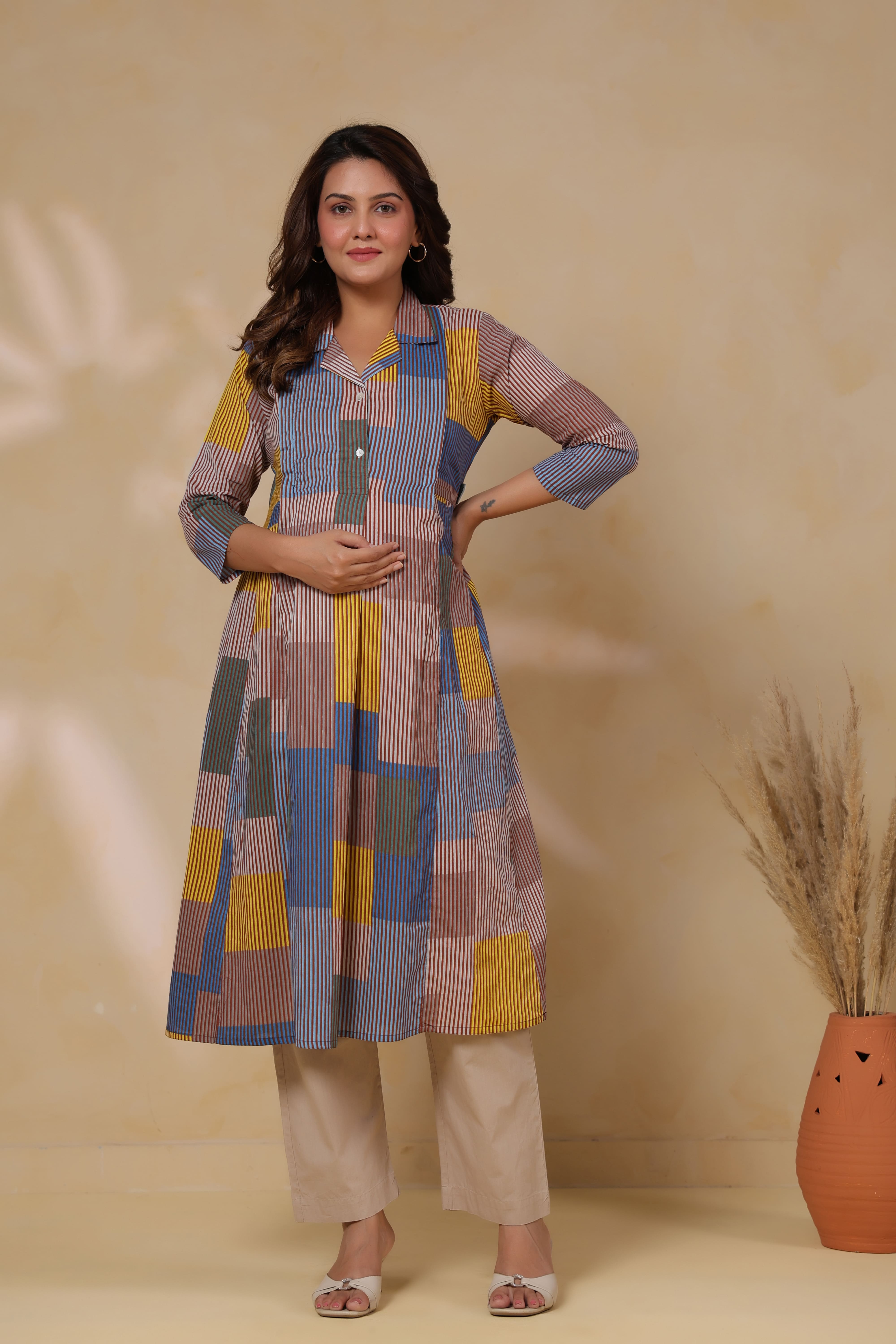 Ocean Blue Multi Panelled Cotton Maternity - Nursing Kurta