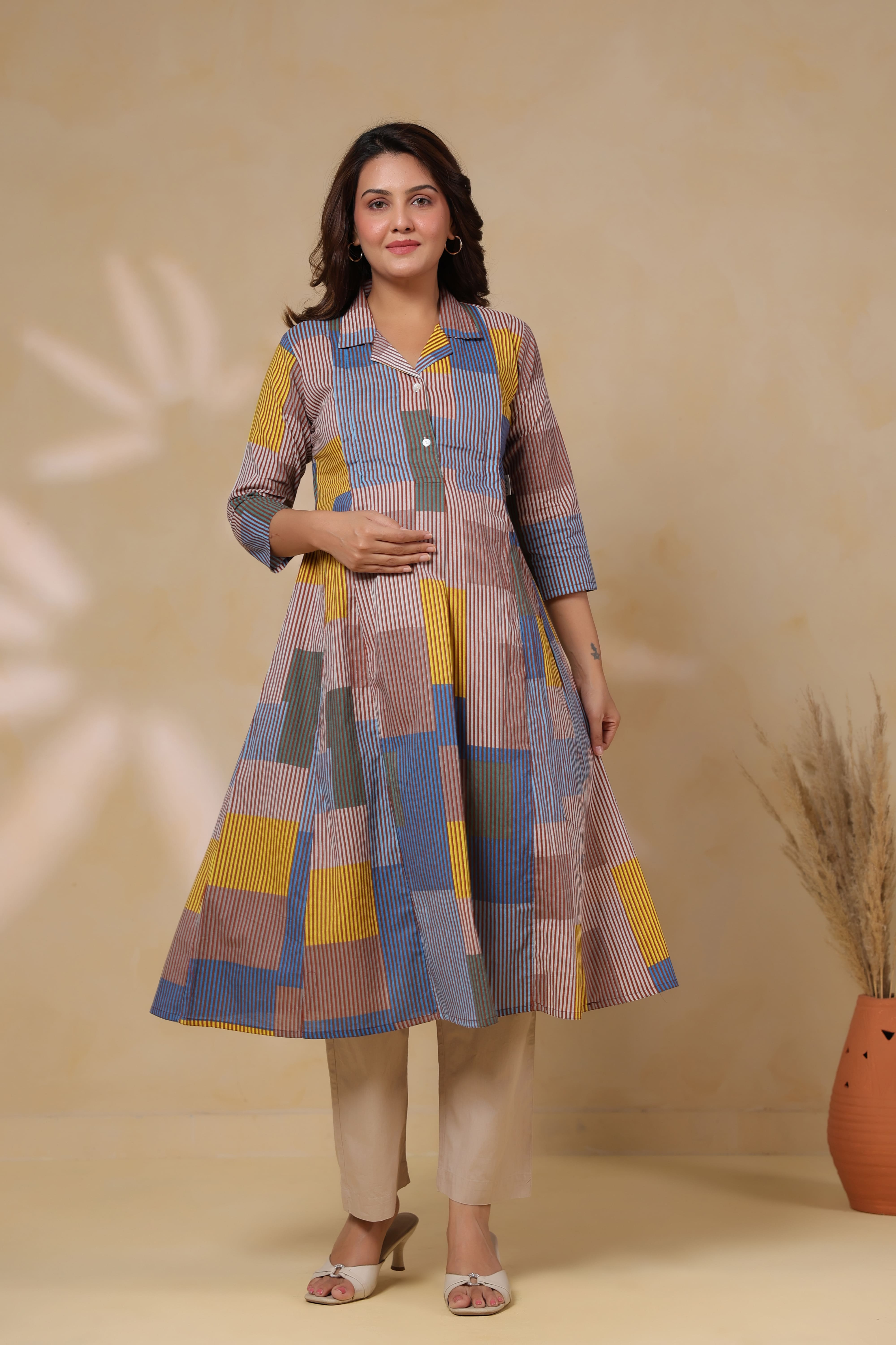 Ocean Blue Multi Panelled Cotton Maternity - Nursing Kurta