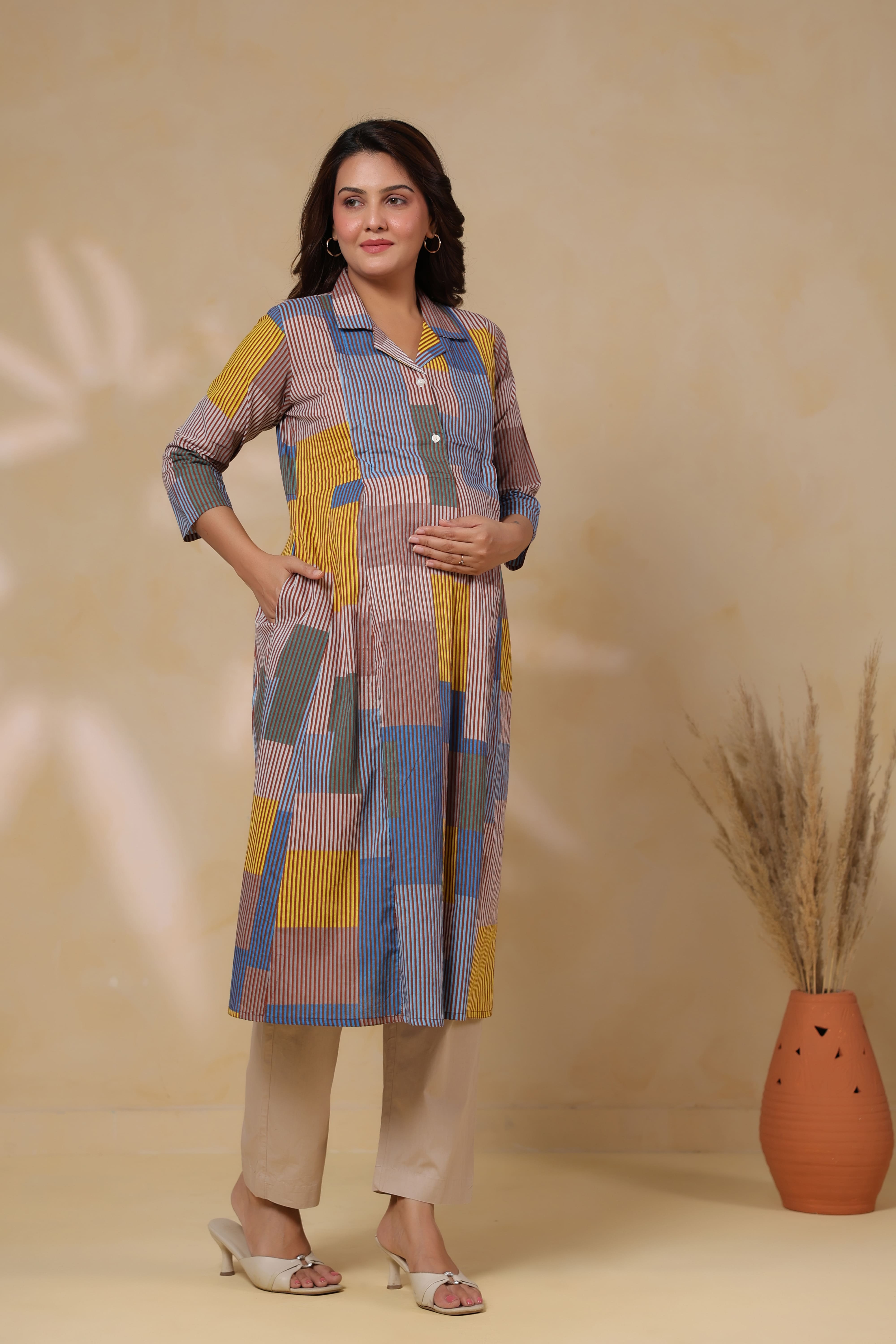 Ocean Blue Multi Panelled Cotton Maternity - Nursing Kurta