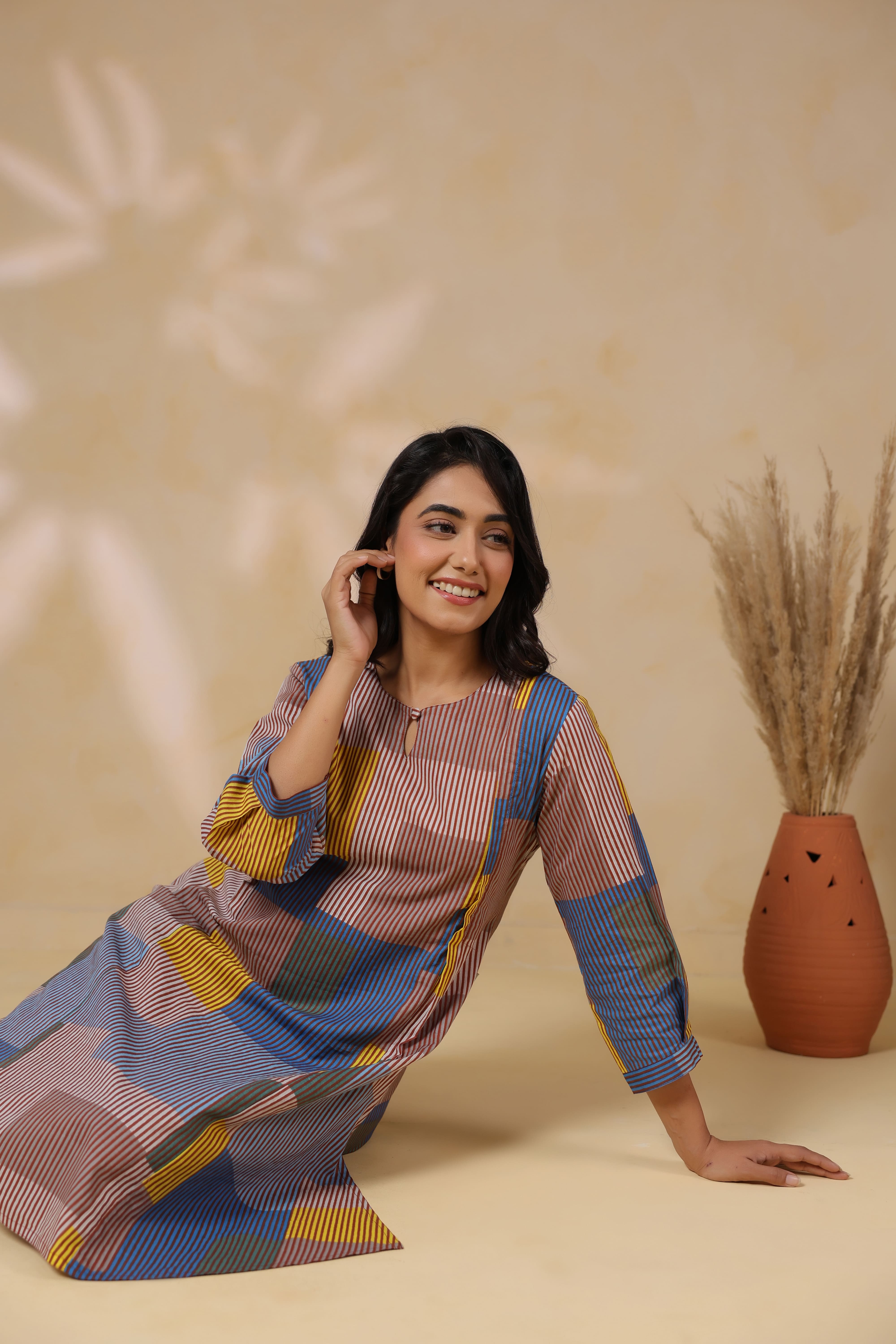 Ocean Blue Multi Panelled Cotton Maternity - Nursing Kurta