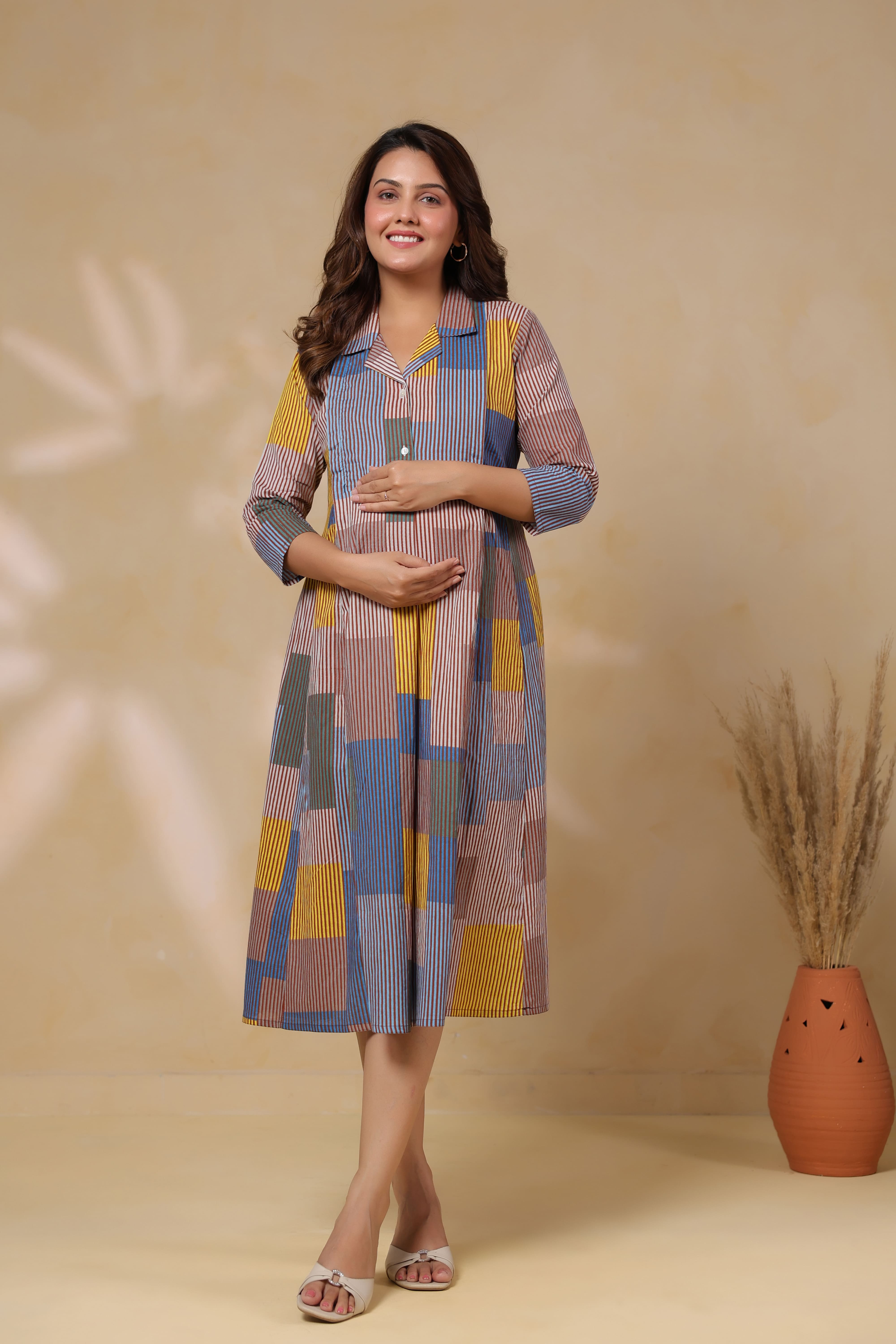 Ocean Blue Multi Panelled Cotton Maternity - Nursing Dress