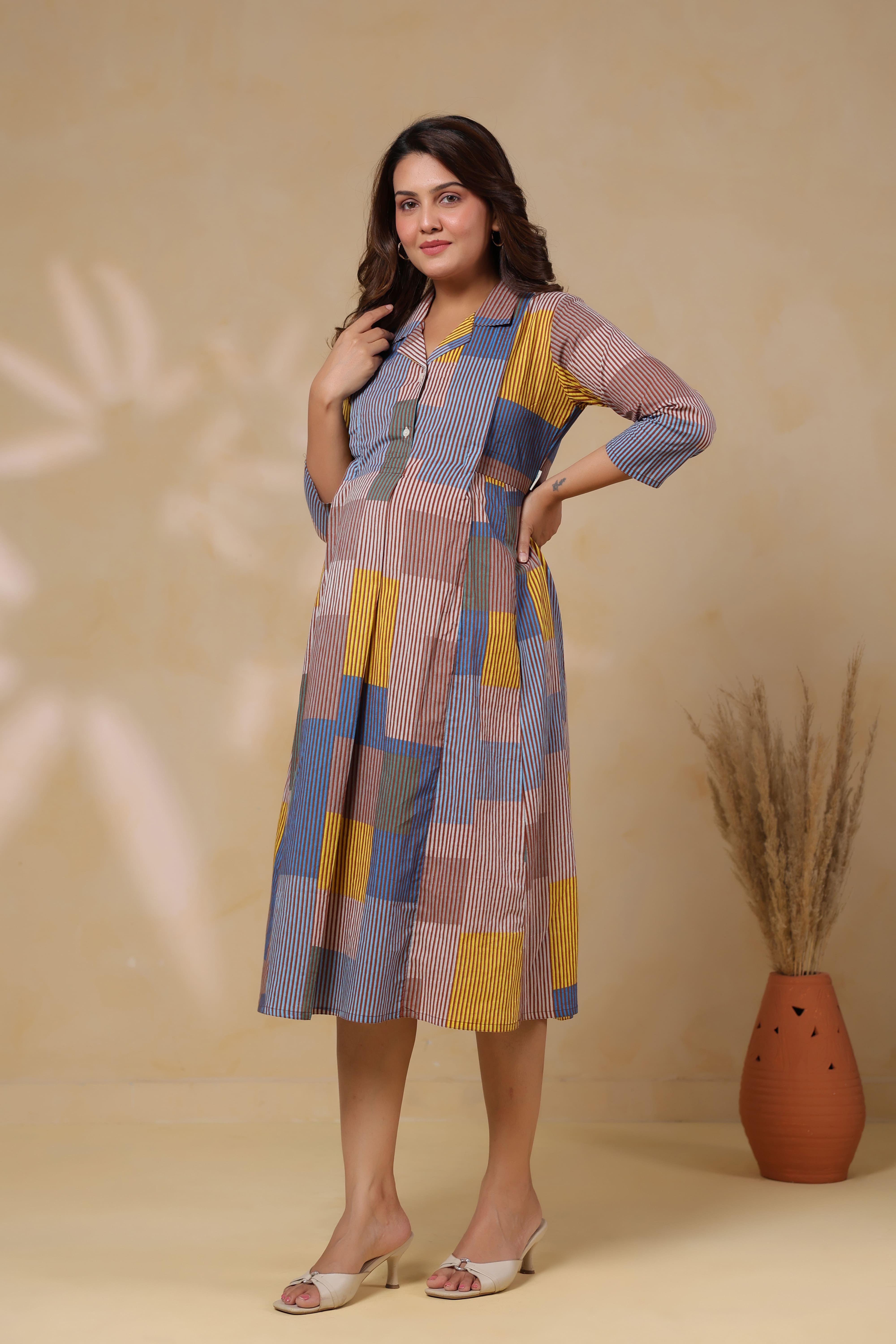 Ocean Blue Multi Panelled Cotton Maternity - Nursing Dress