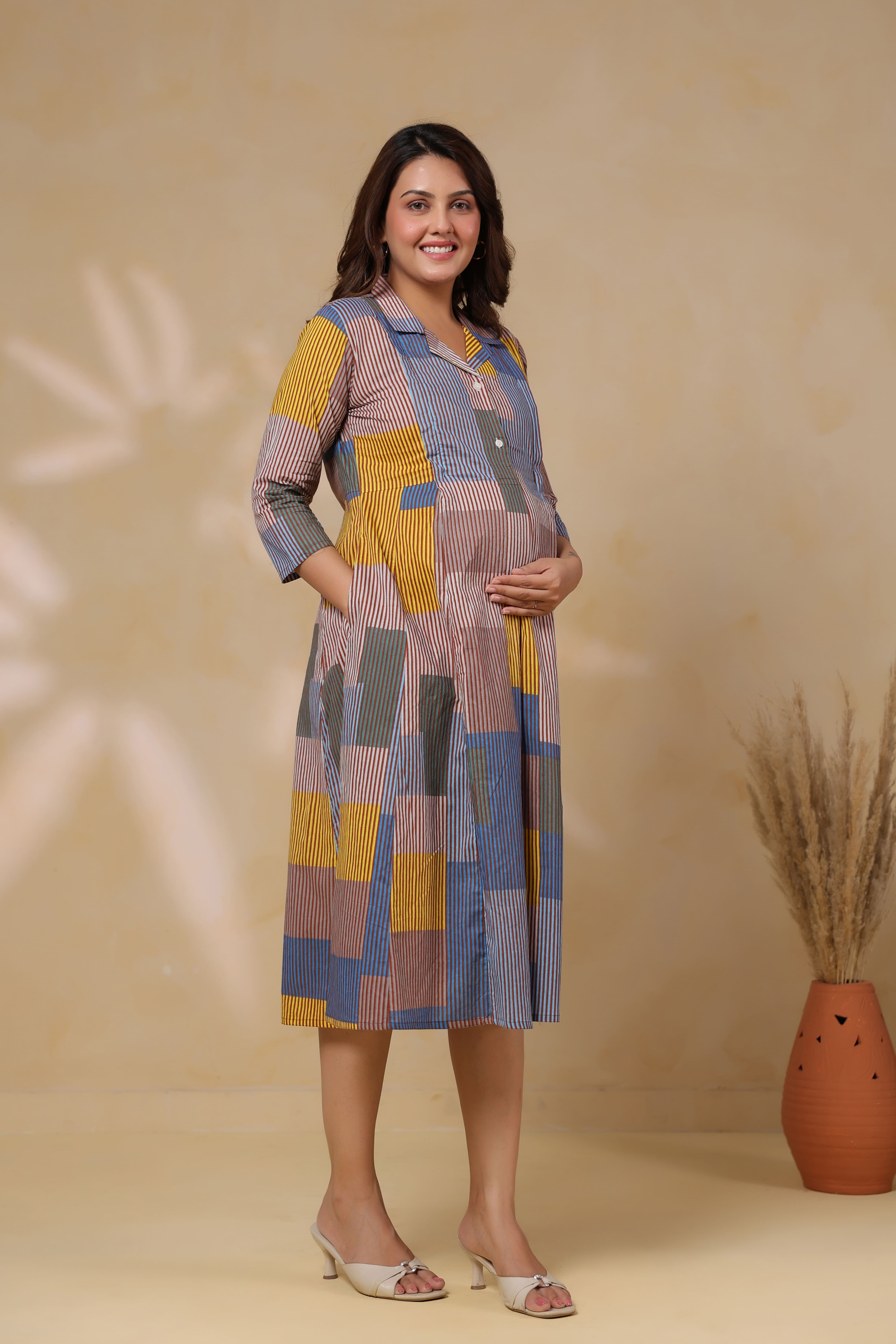 Ocean Blue Multi Panelled Cotton Maternity - Nursing Dress