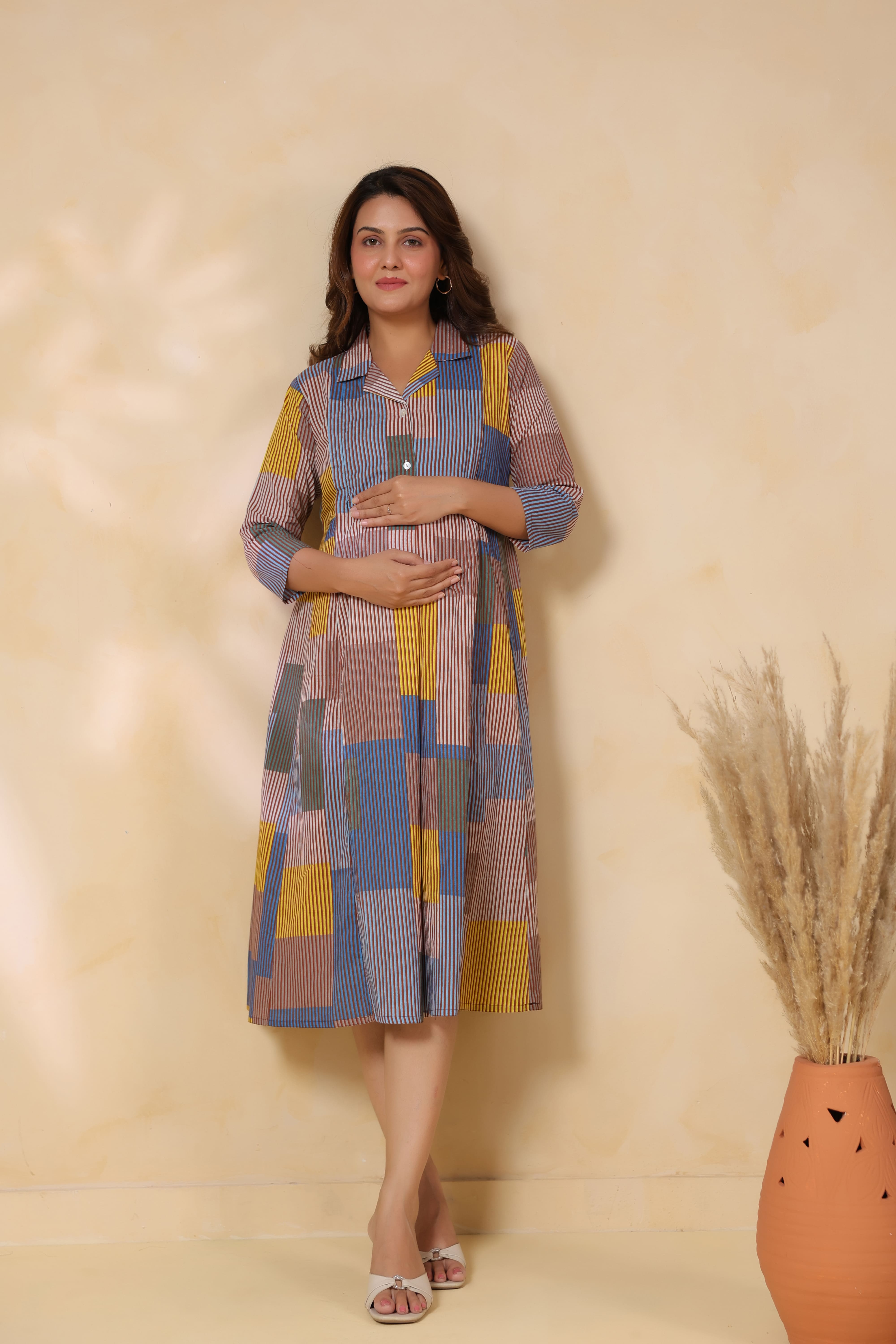 Ocean Blue Multi Panelled Cotton Maternity - Nursing Dress