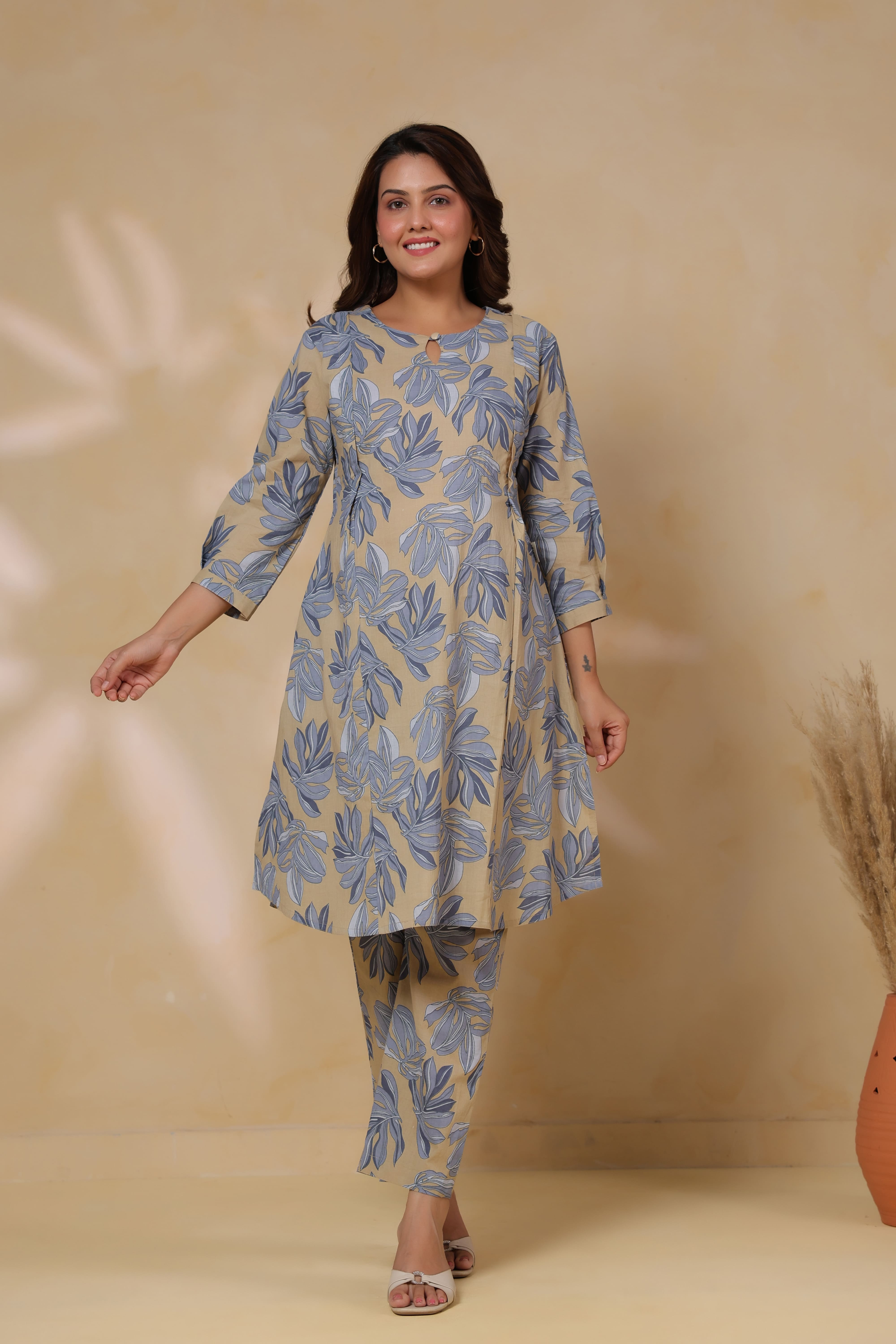 French Beige Leafy Cotton Maternity - Nursing Co-ord Set