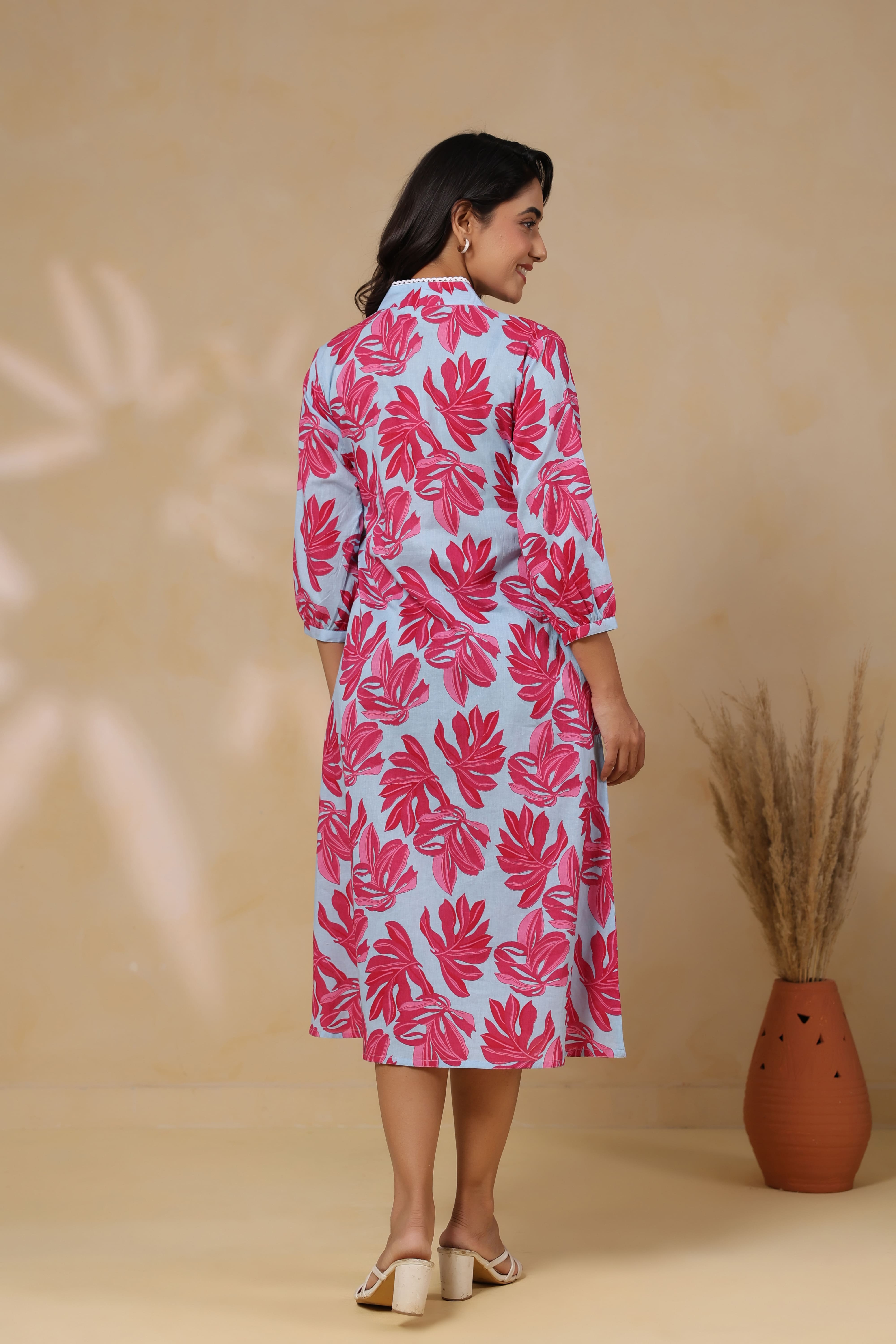 Cool Grey Leafy Cotton Maternity - Nursing Dress