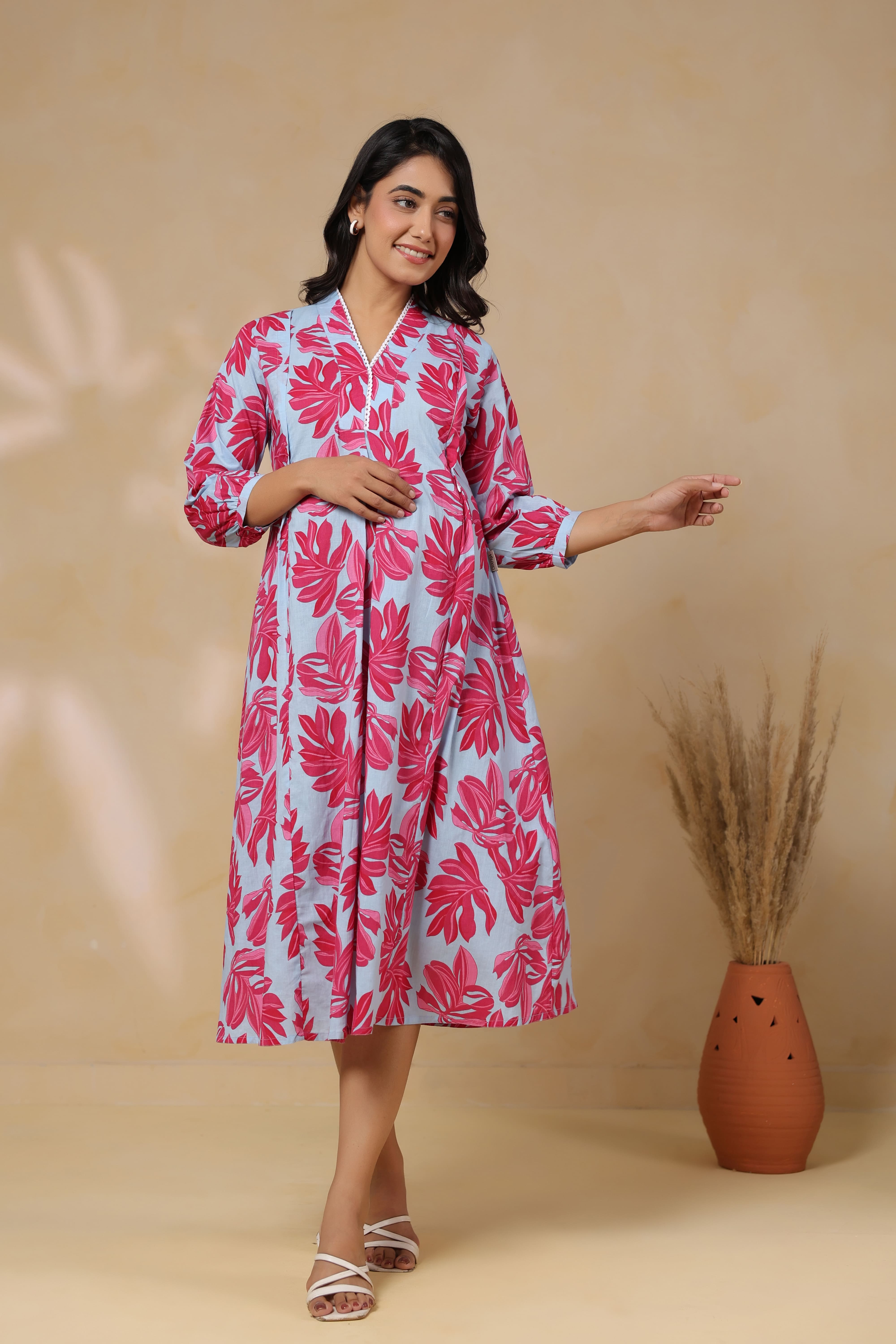 Cool Grey Leafy Cotton Maternity - Nursing Dress