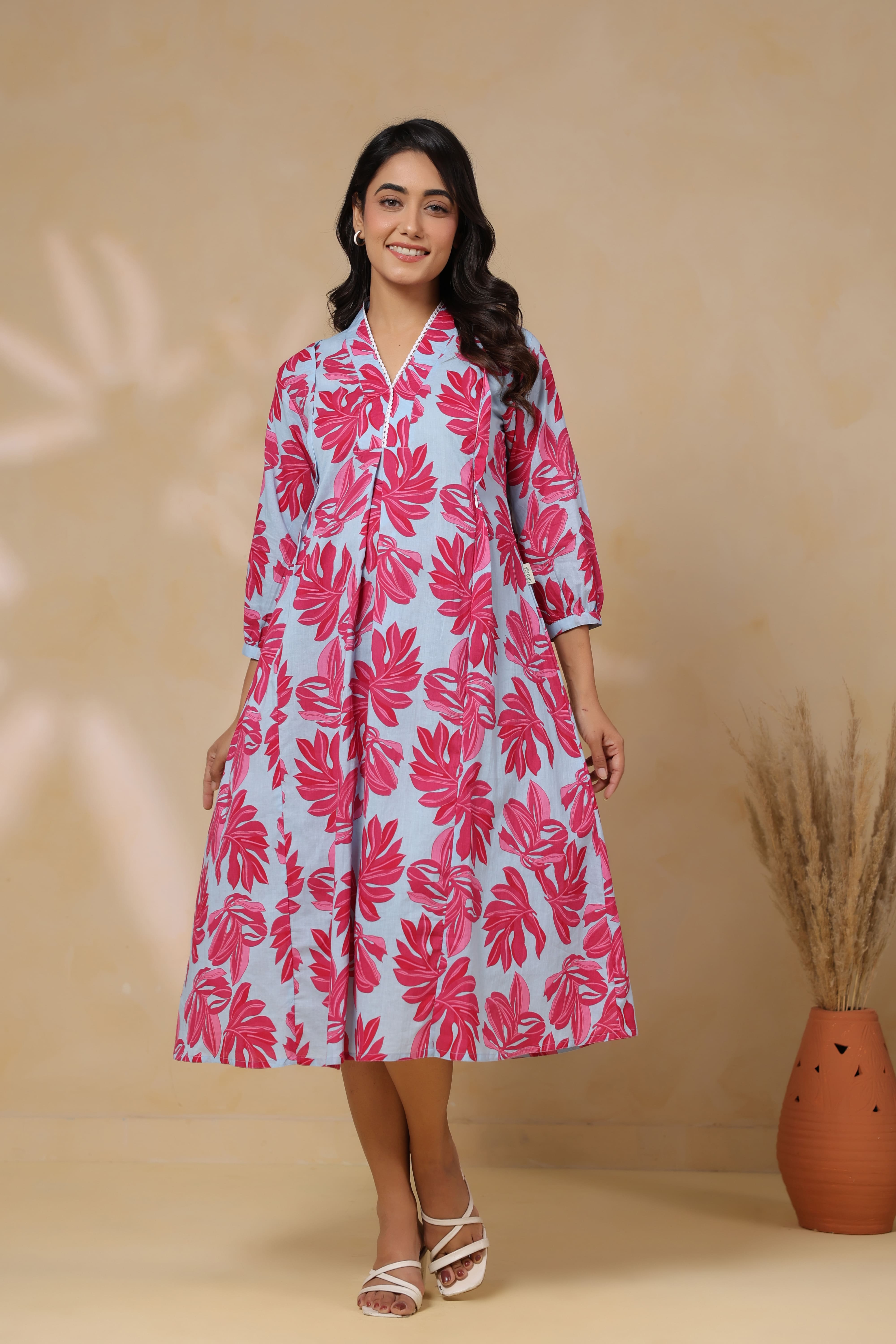 Cool Grey Leafy Cotton Maternity - Nursing Dress