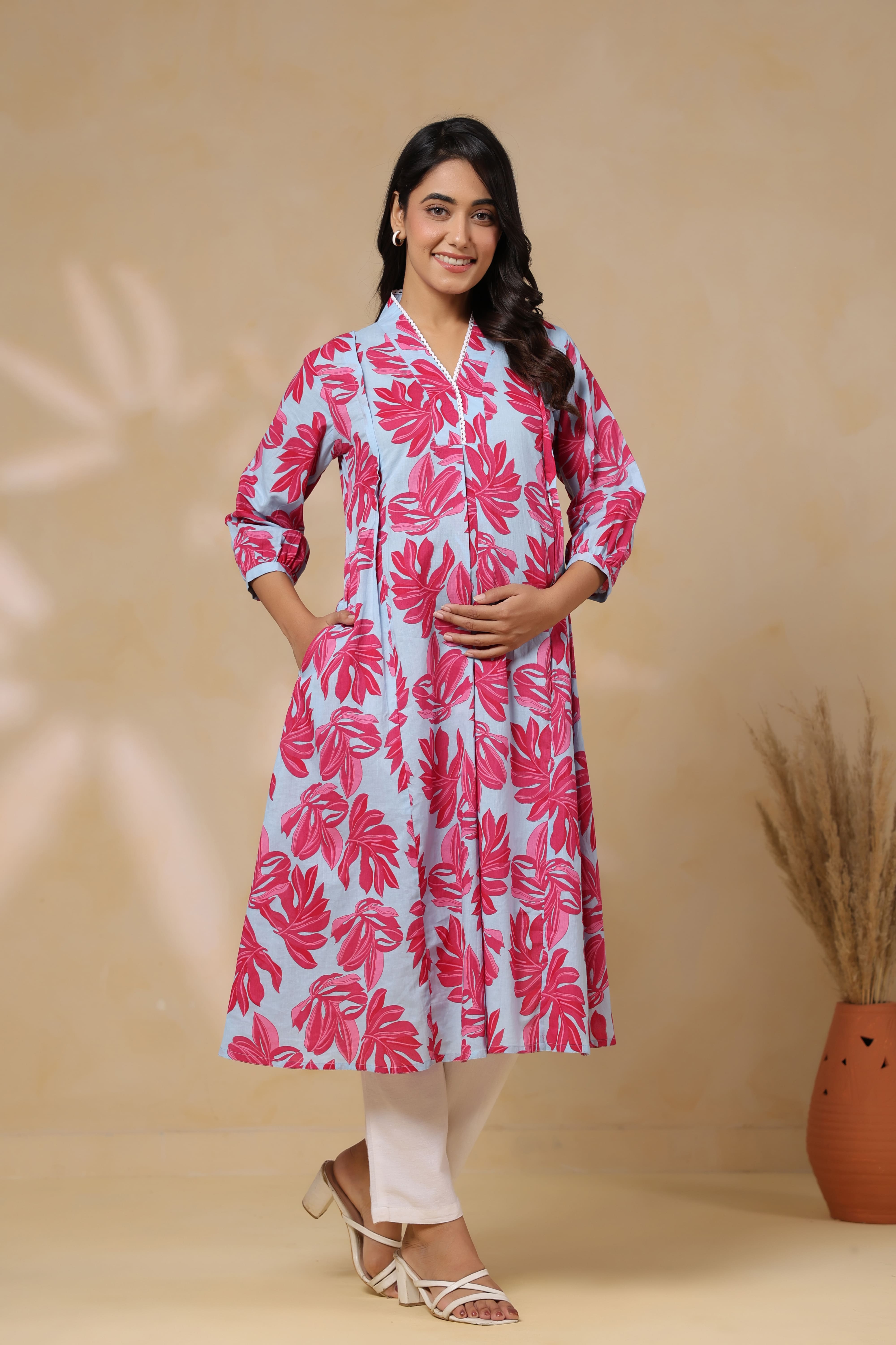 Cool Grey Leafy Cotton Maternity - Nursing Kurta