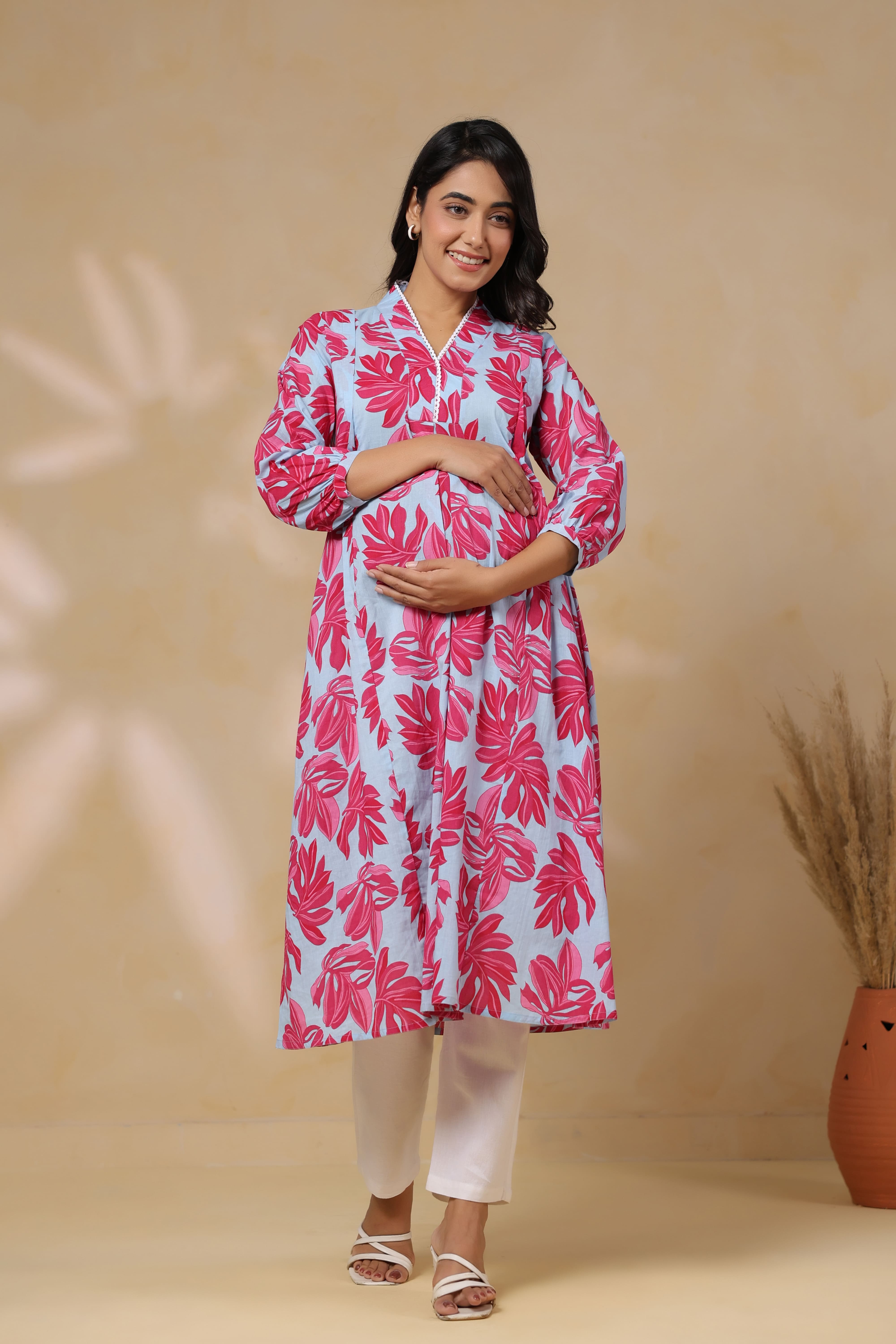 Cool Grey Leafy Cotton Maternity - Nursing Kurta
