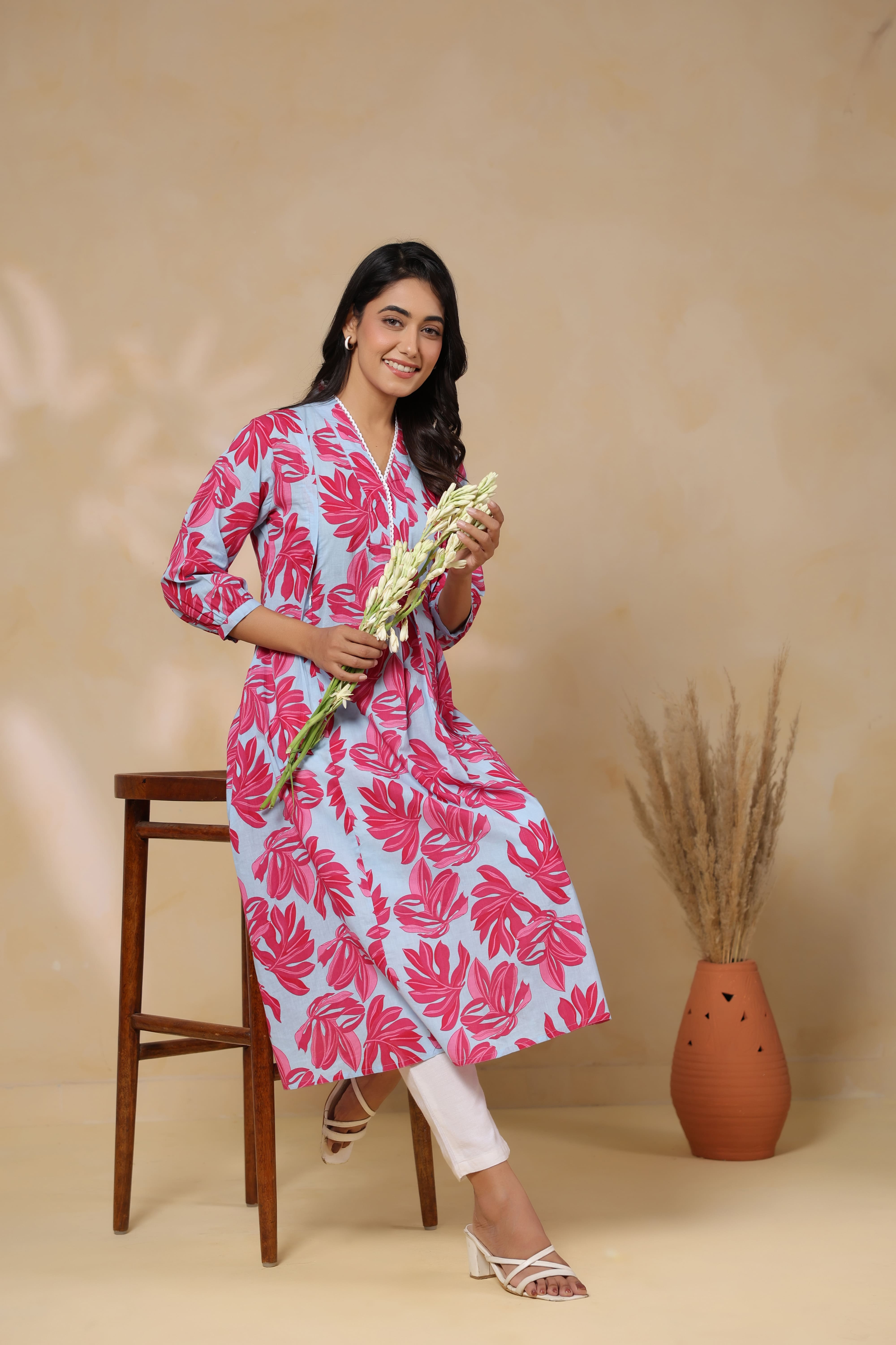 Cool Grey Leafy Cotton Maternity - Nursing Kurta