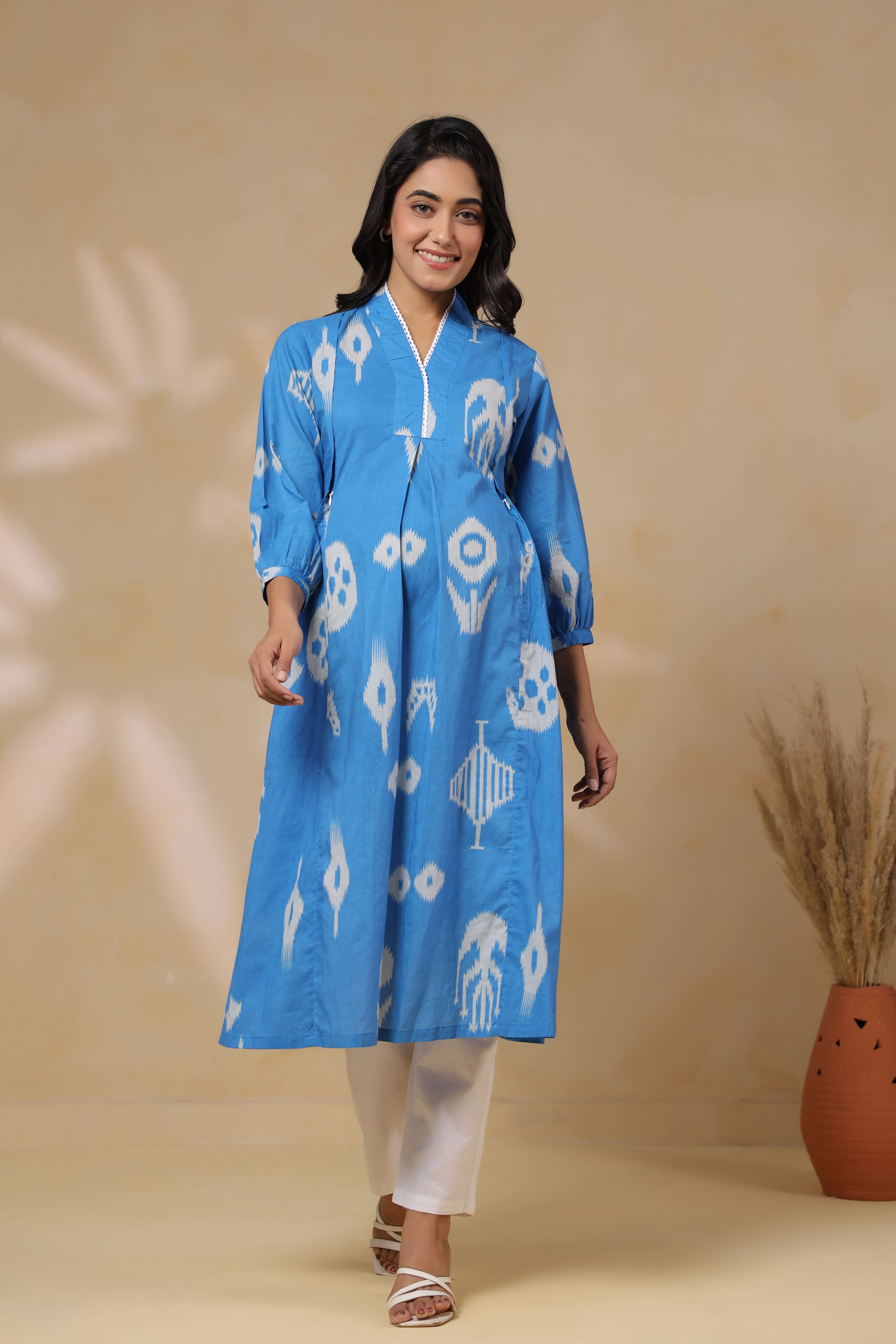 Azure Classic Ikat Cotton Maternity - Nursing Kurta