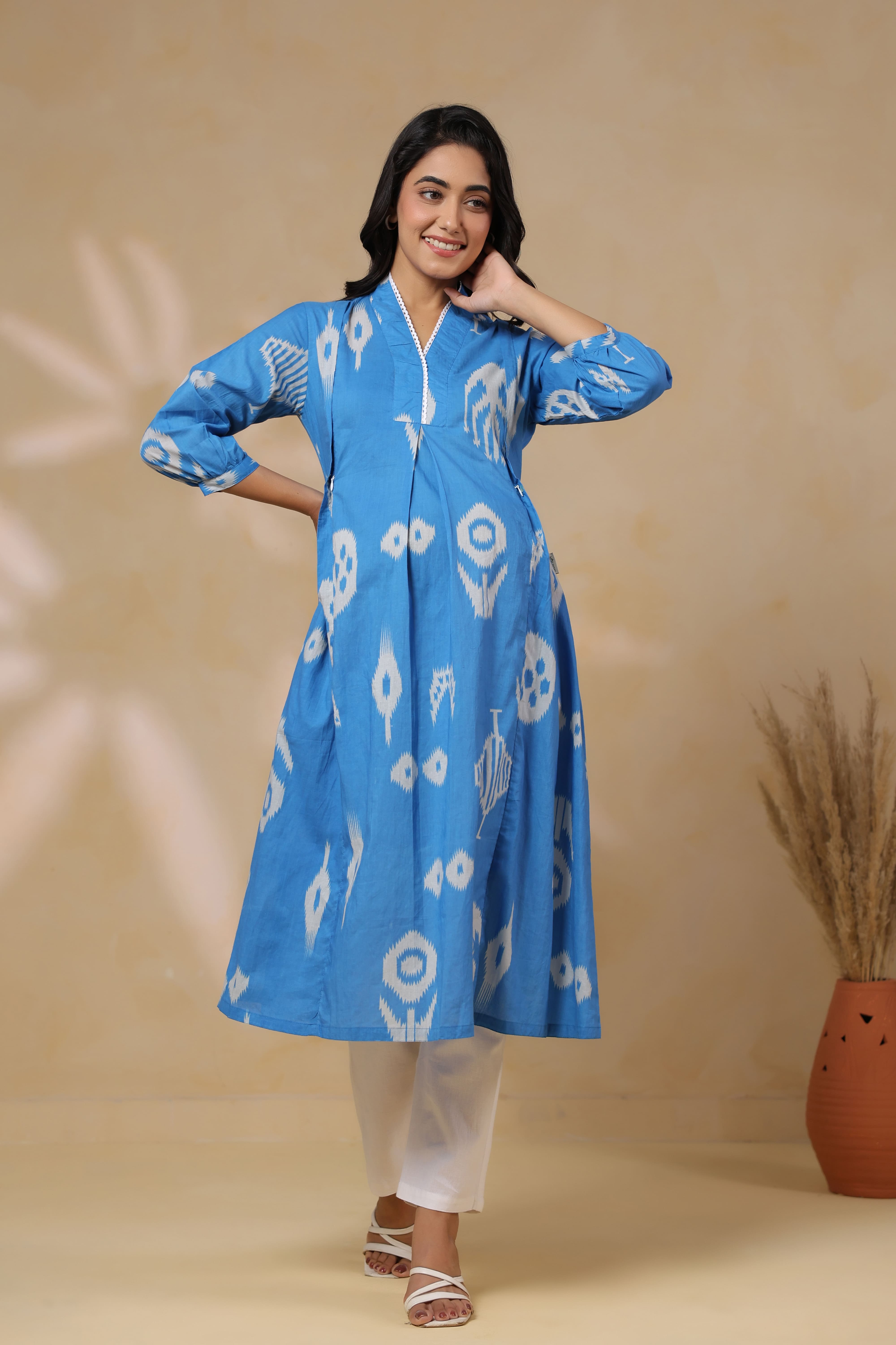 Azure Classic Ikat Cotton Maternity - Nursing Kurta