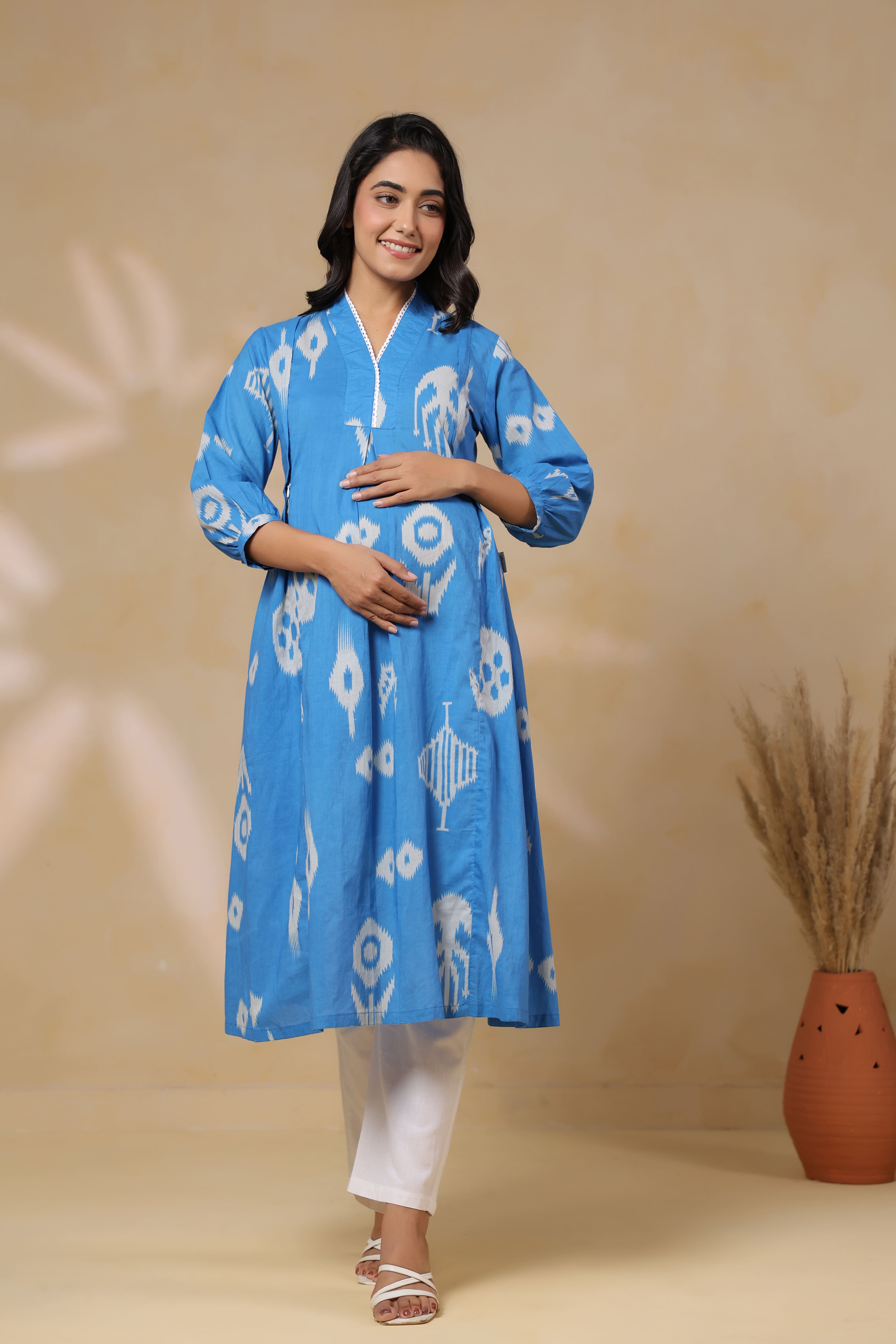 Azure Classic Ikat Cotton Maternity - Nursing Kurta