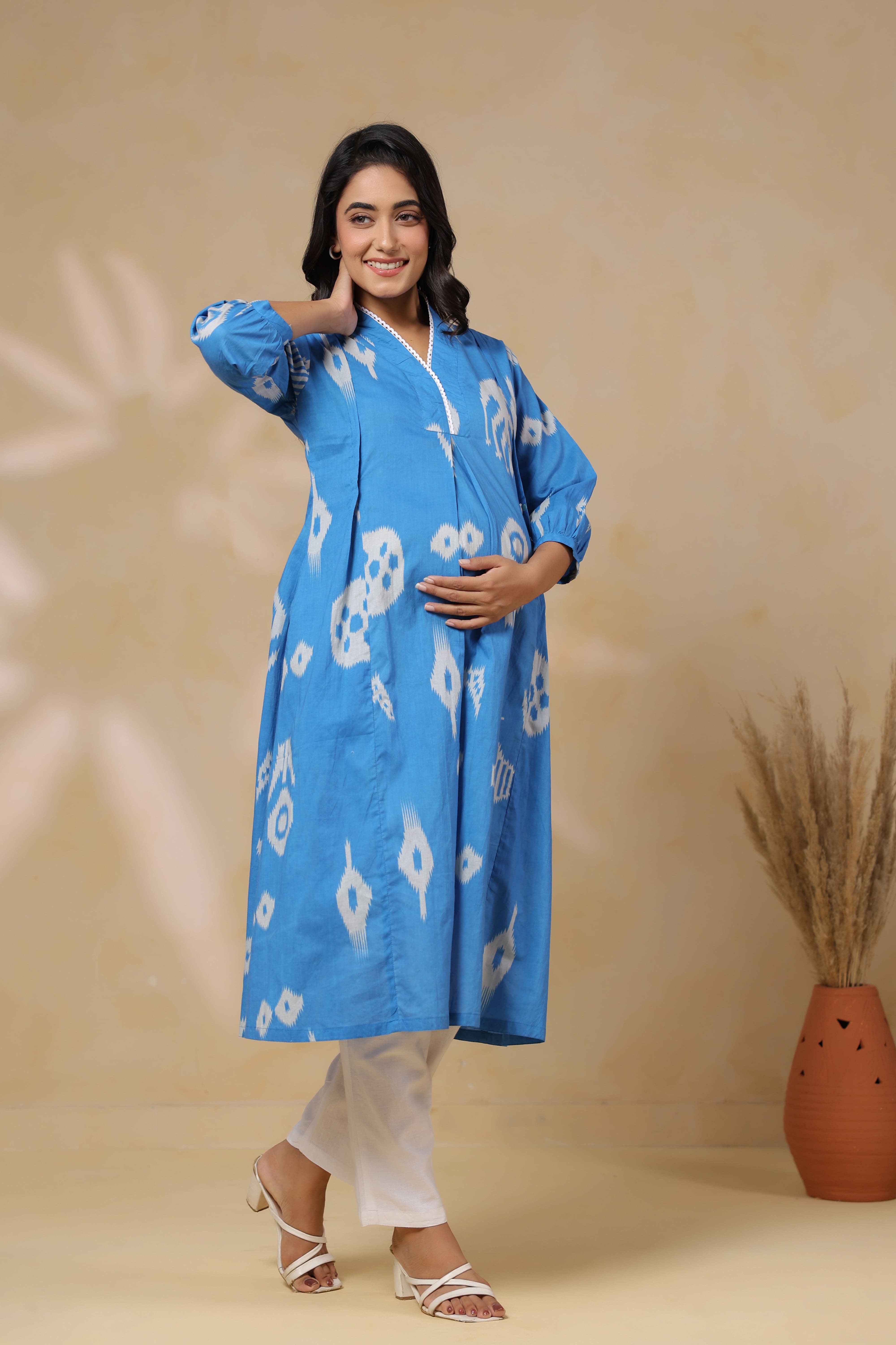 Azure Classic Ikat Cotton Maternity - Nursing Kurta