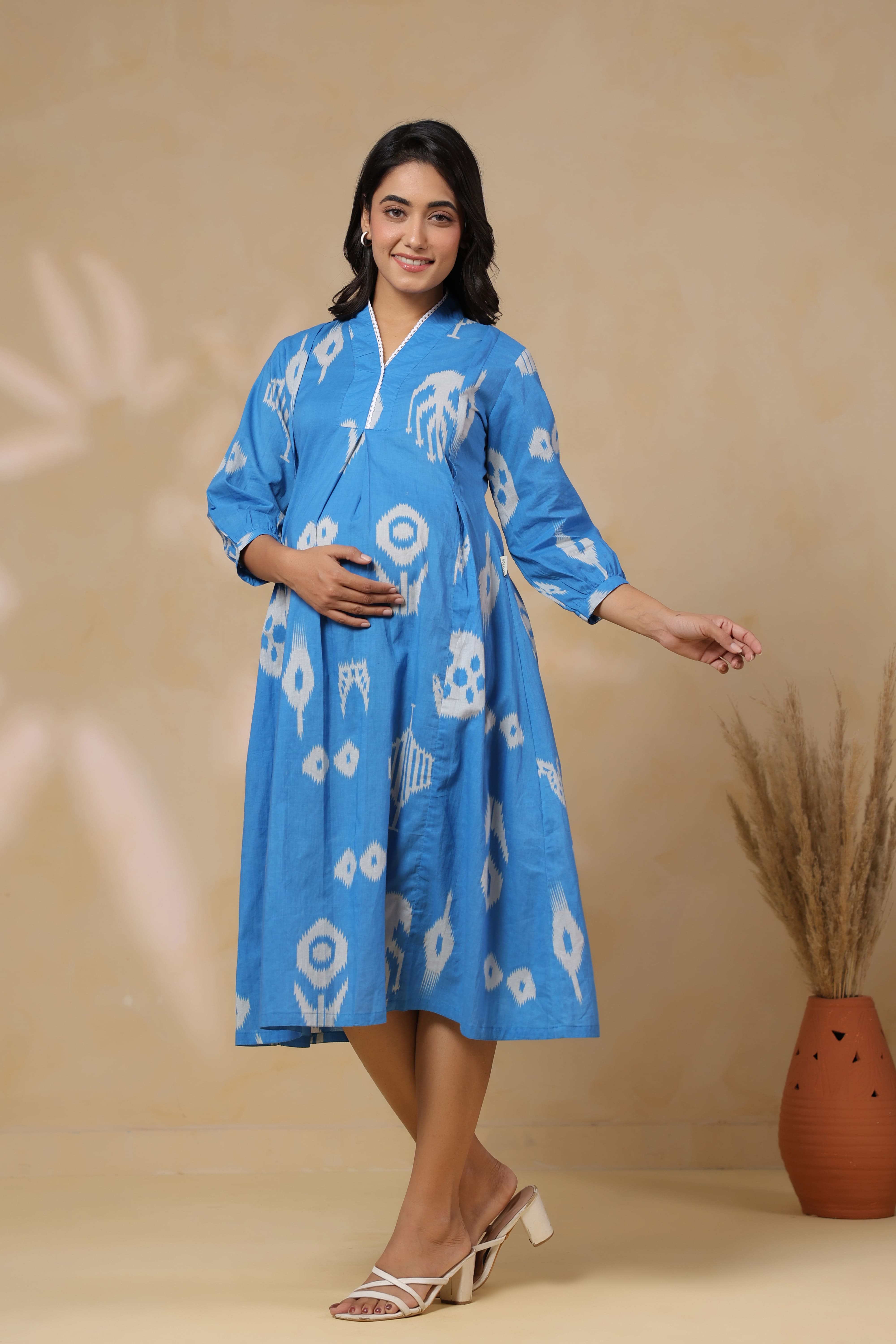Azure Classic Ikat Cotton Maternity - Nursing Dress