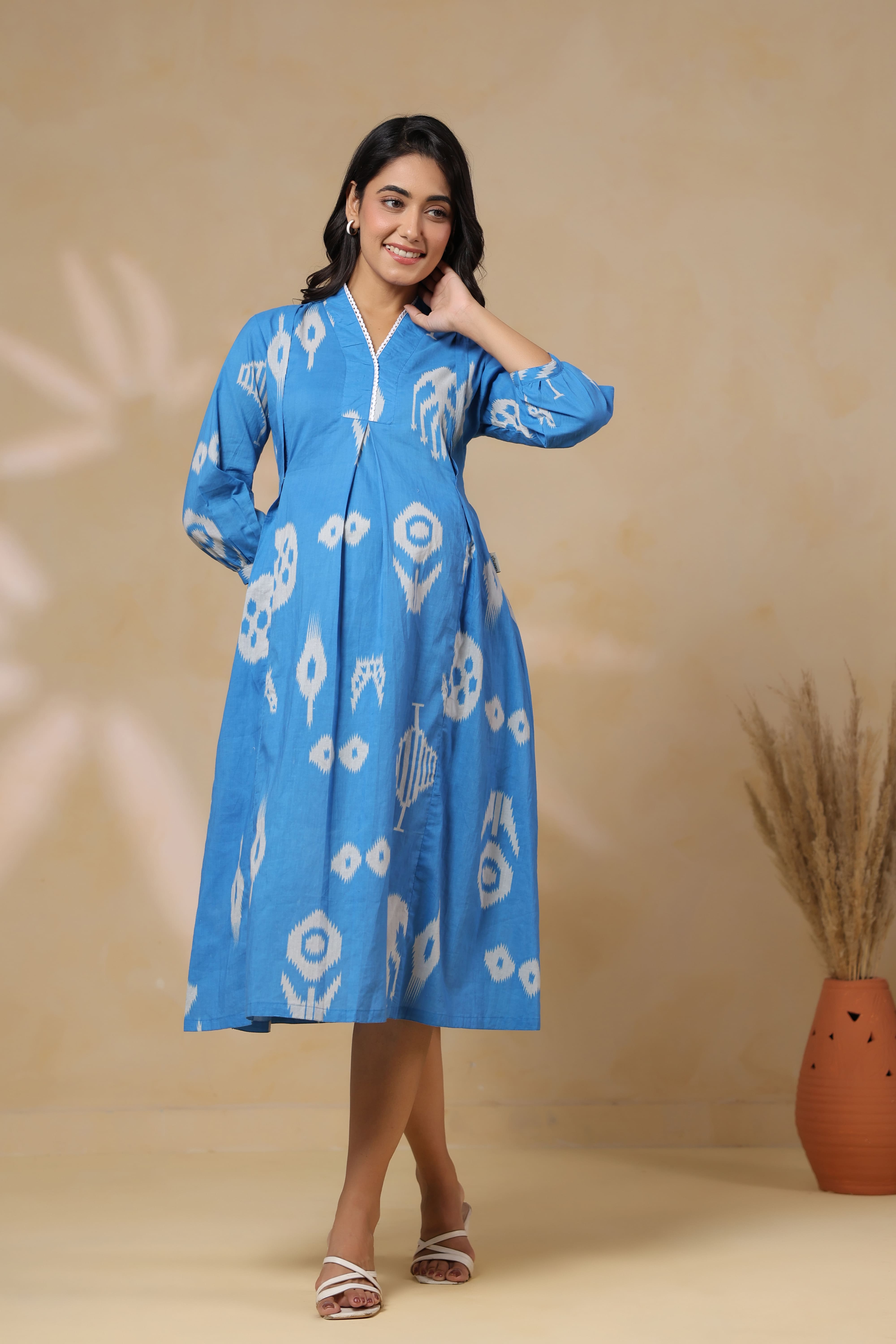 Azure Classic Ikat Cotton Maternity - Nursing Dress