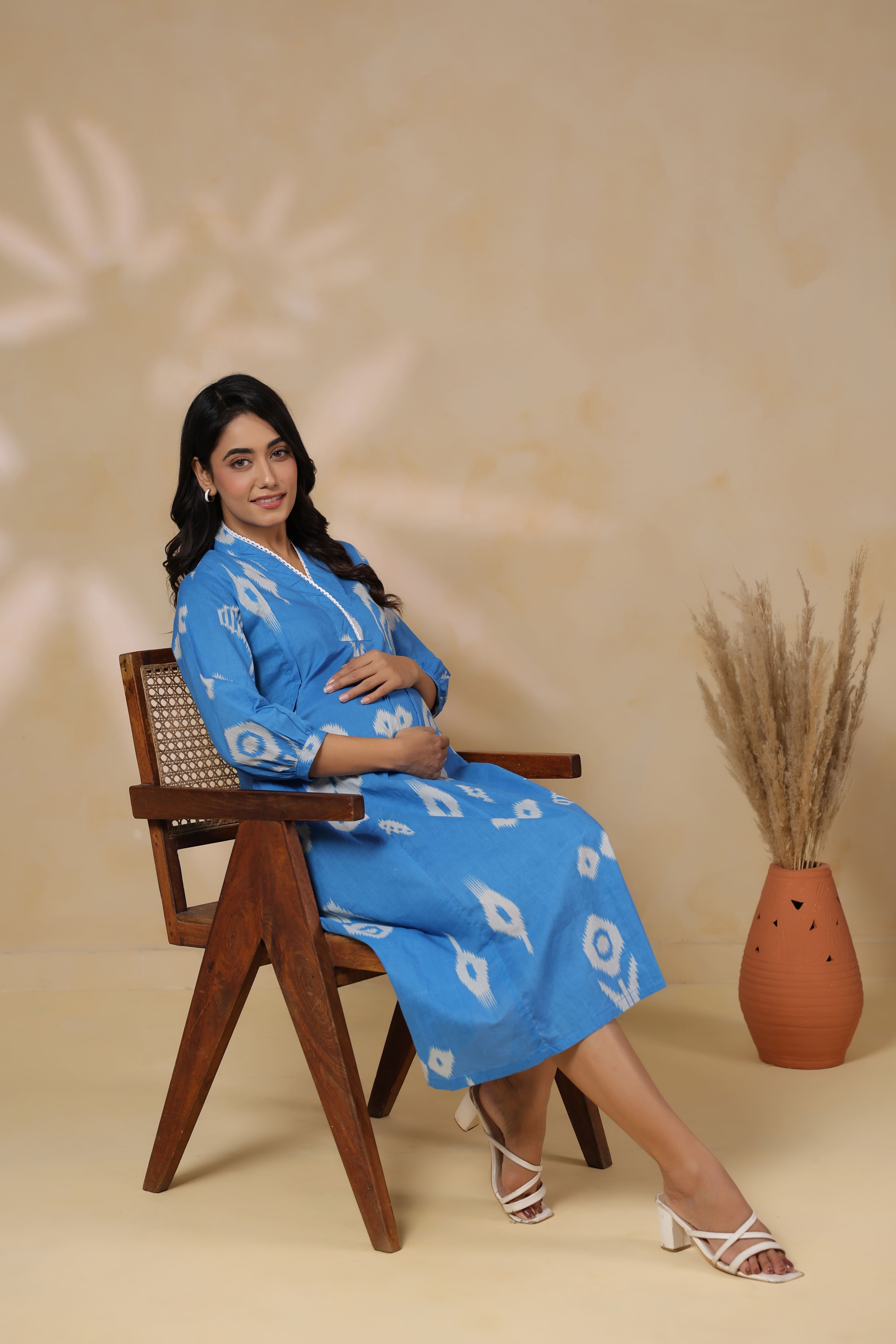 Azure Classic Ikat Cotton Maternity - Nursing Dress