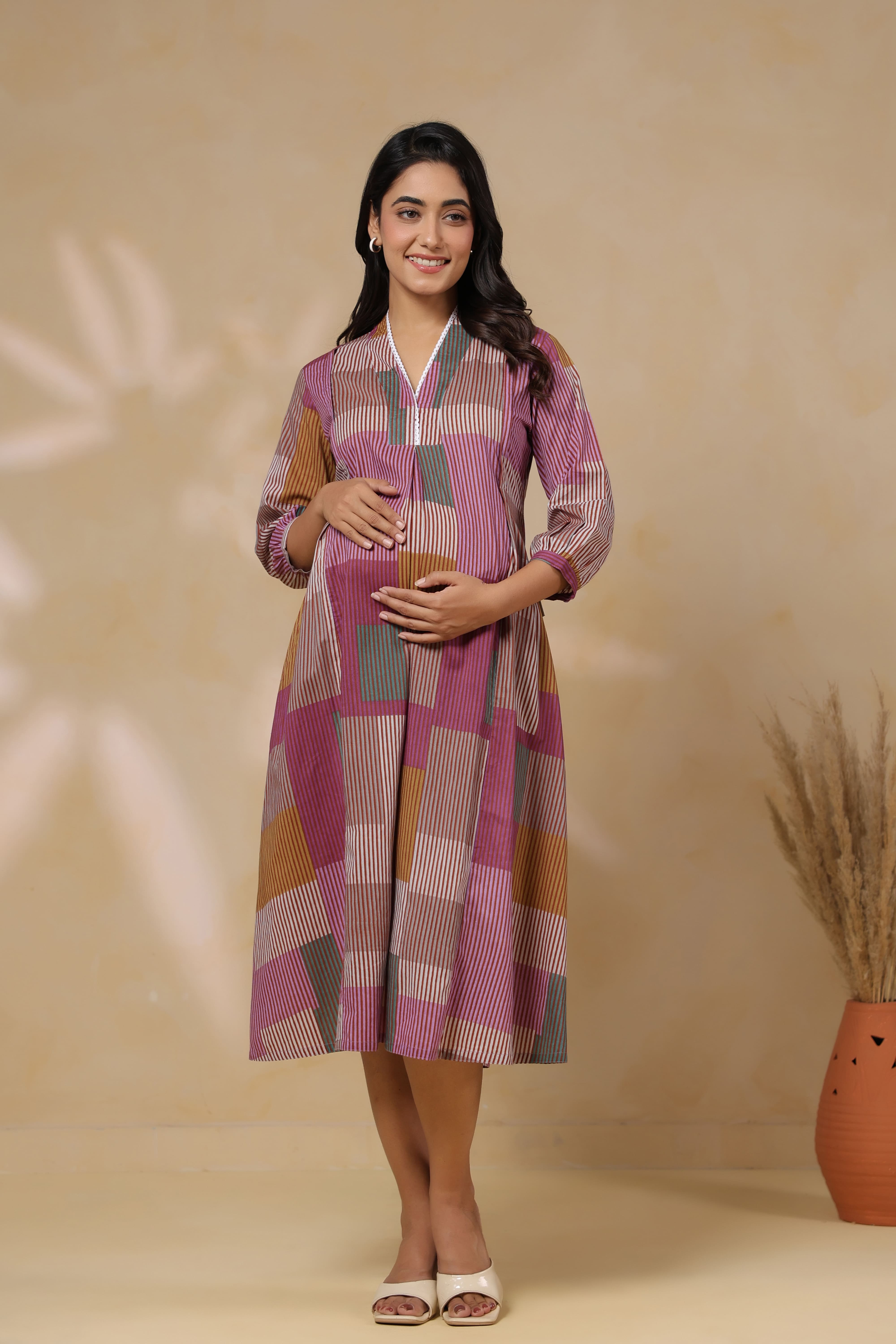 Mauve Multi Panelled Cotton Maternity - Nursing Dress