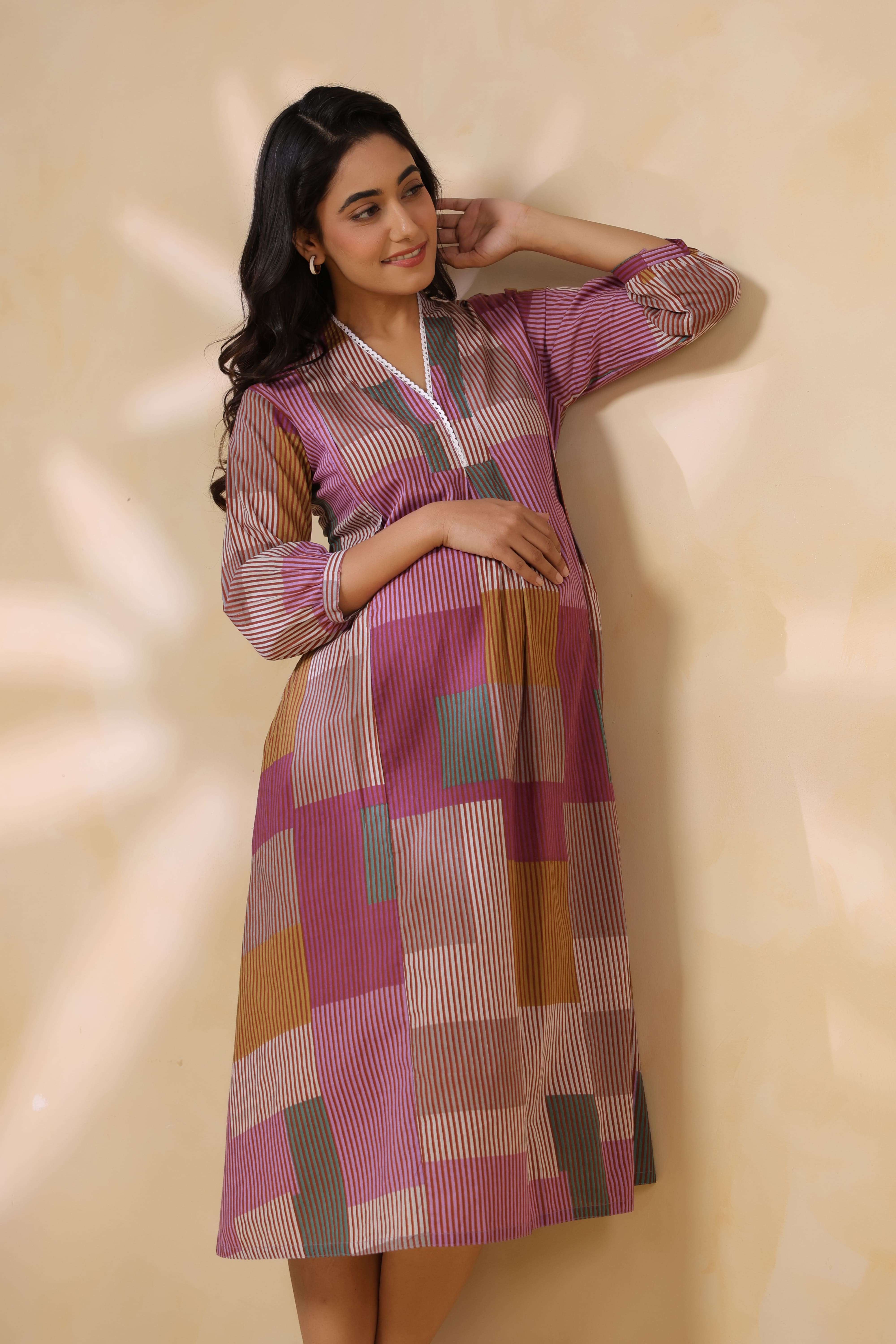 Mauve Multi Panelled Cotton Maternity - Nursing Dress