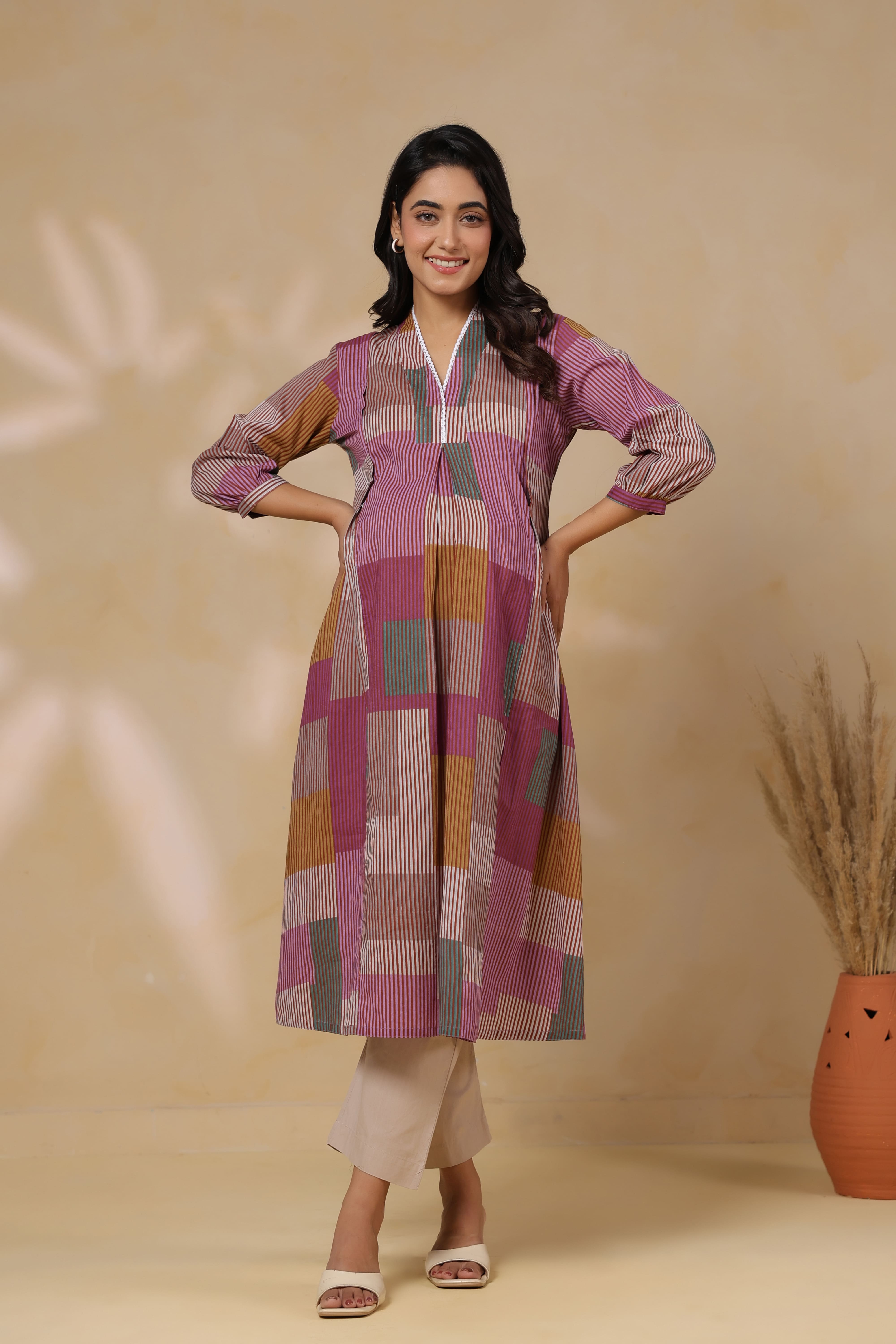 Mauve Multi Panelled Cotton Maternity - Nursing Kurta