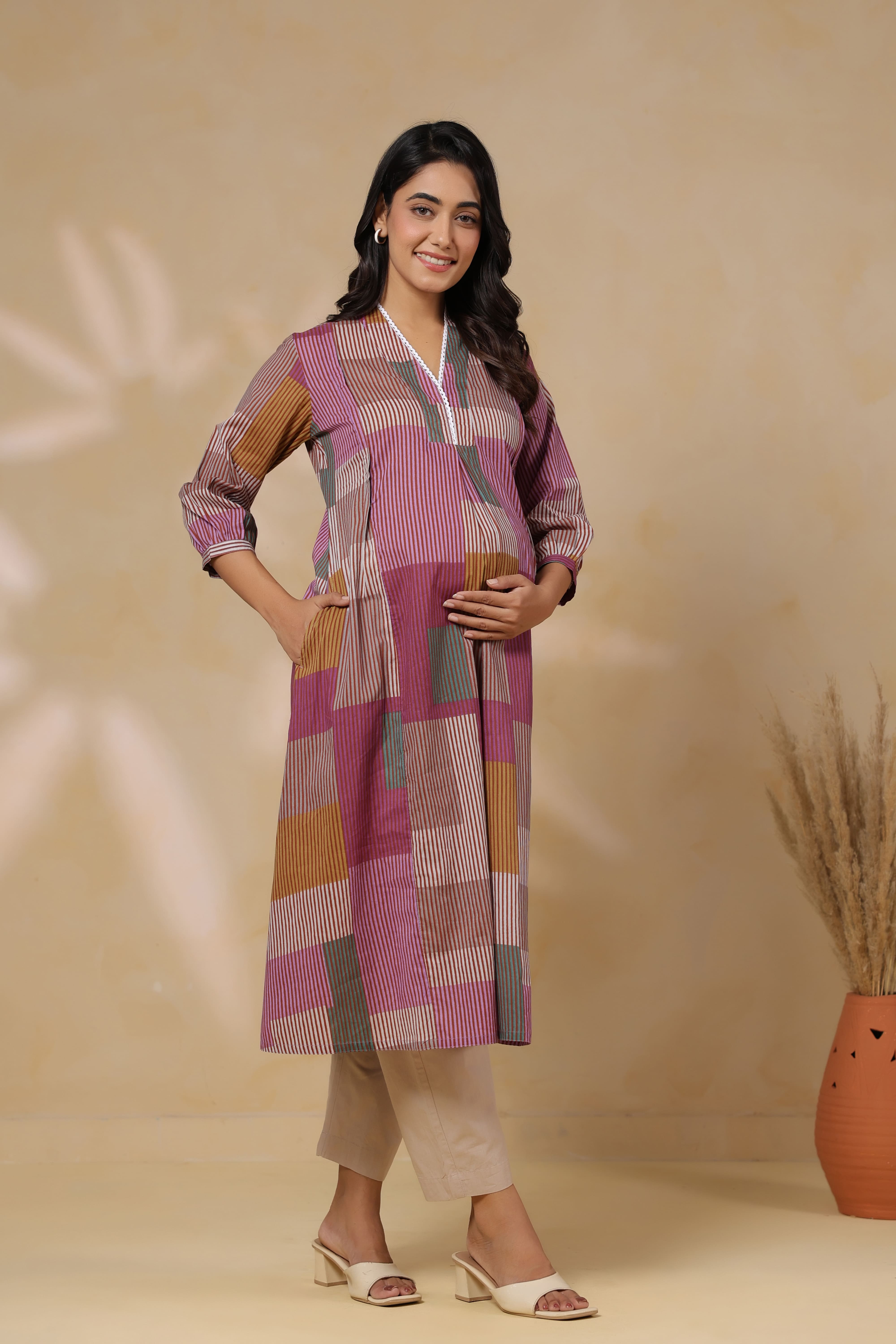 Mauve Multi Panelled Cotton Maternity - Nursing Kurta