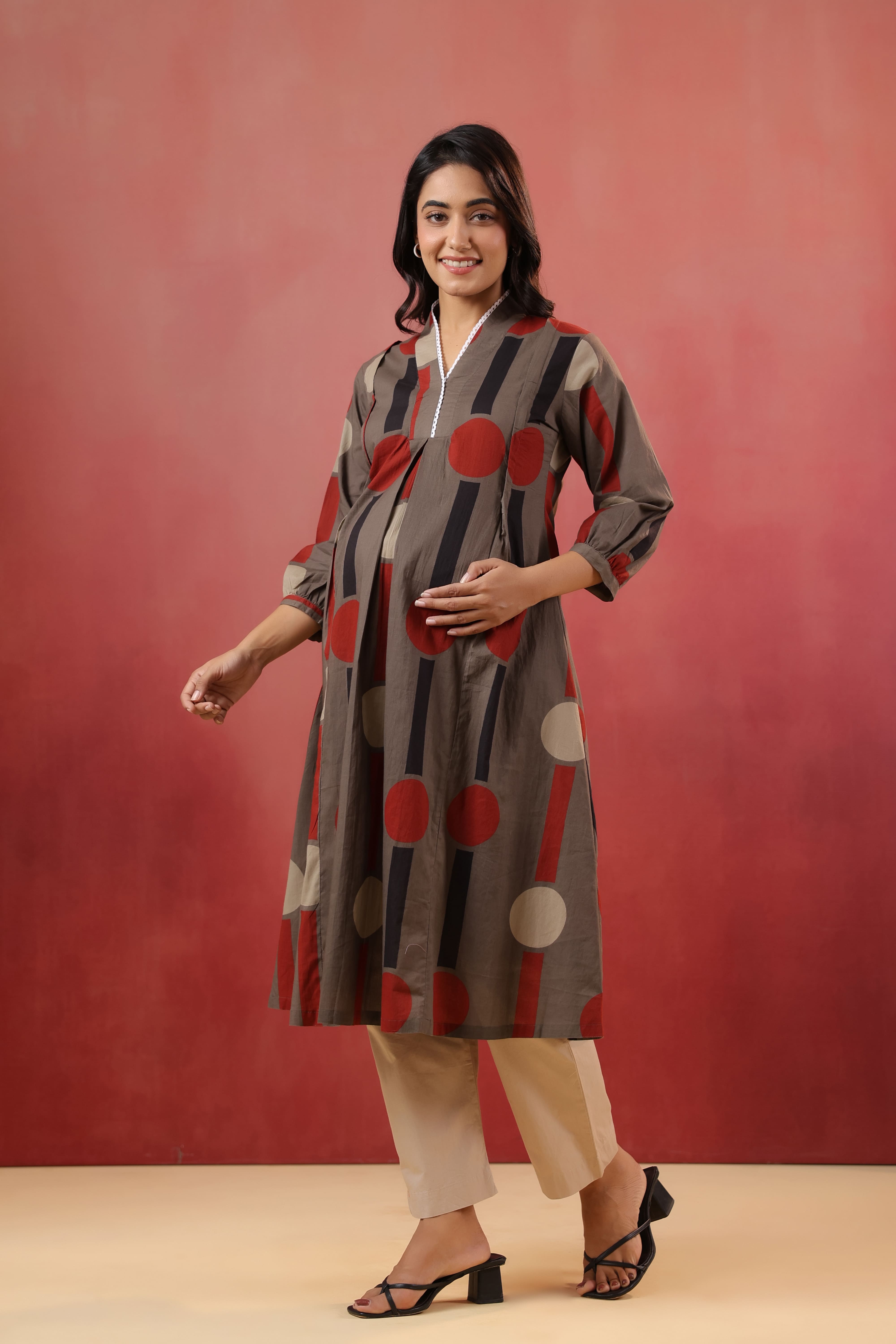 Mocha Geometric Ajrakh Cotton Maternity - Nursing Kurta