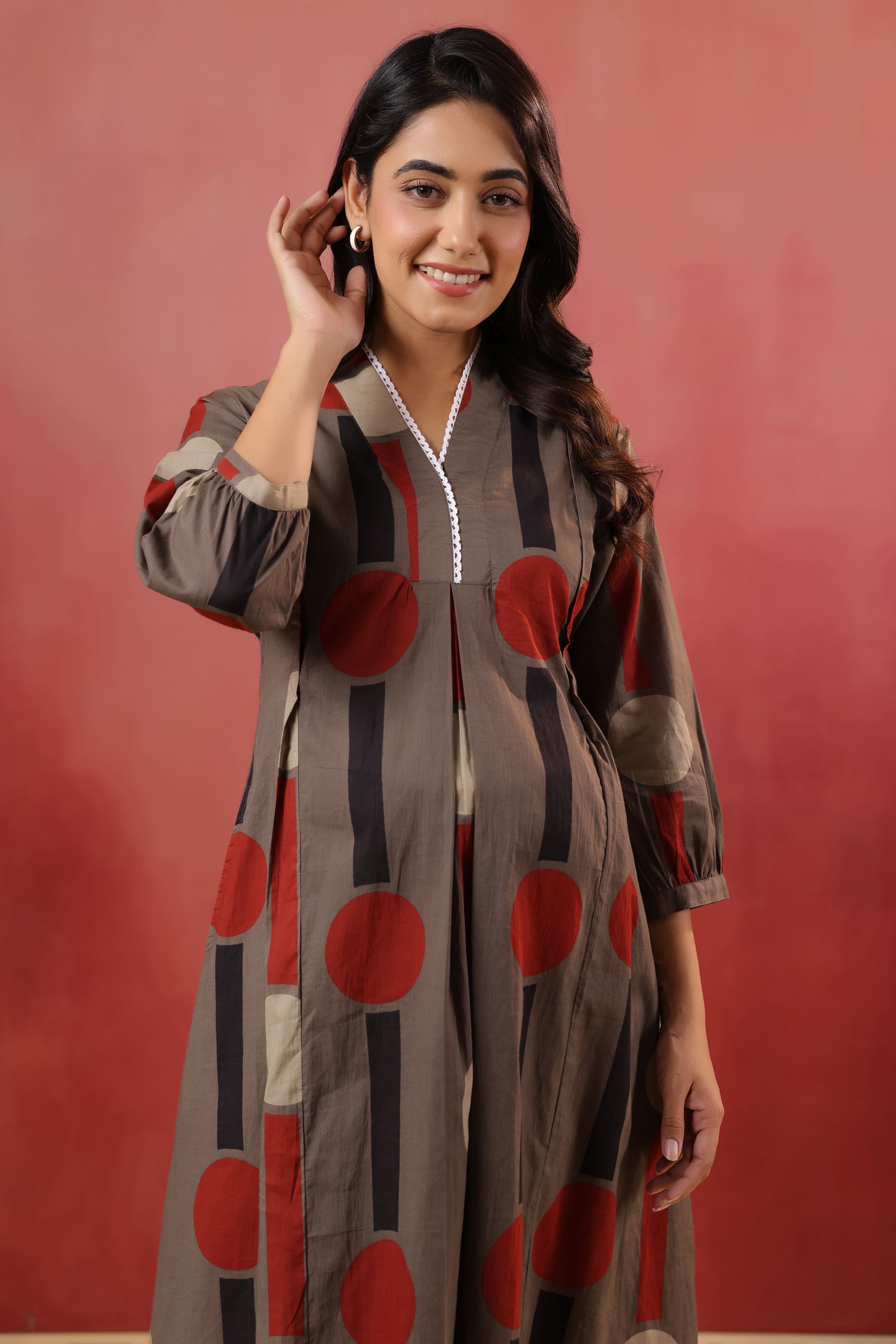 Mocha Geometric Ajrakh Cotton Maternity - Nursing Kurta
