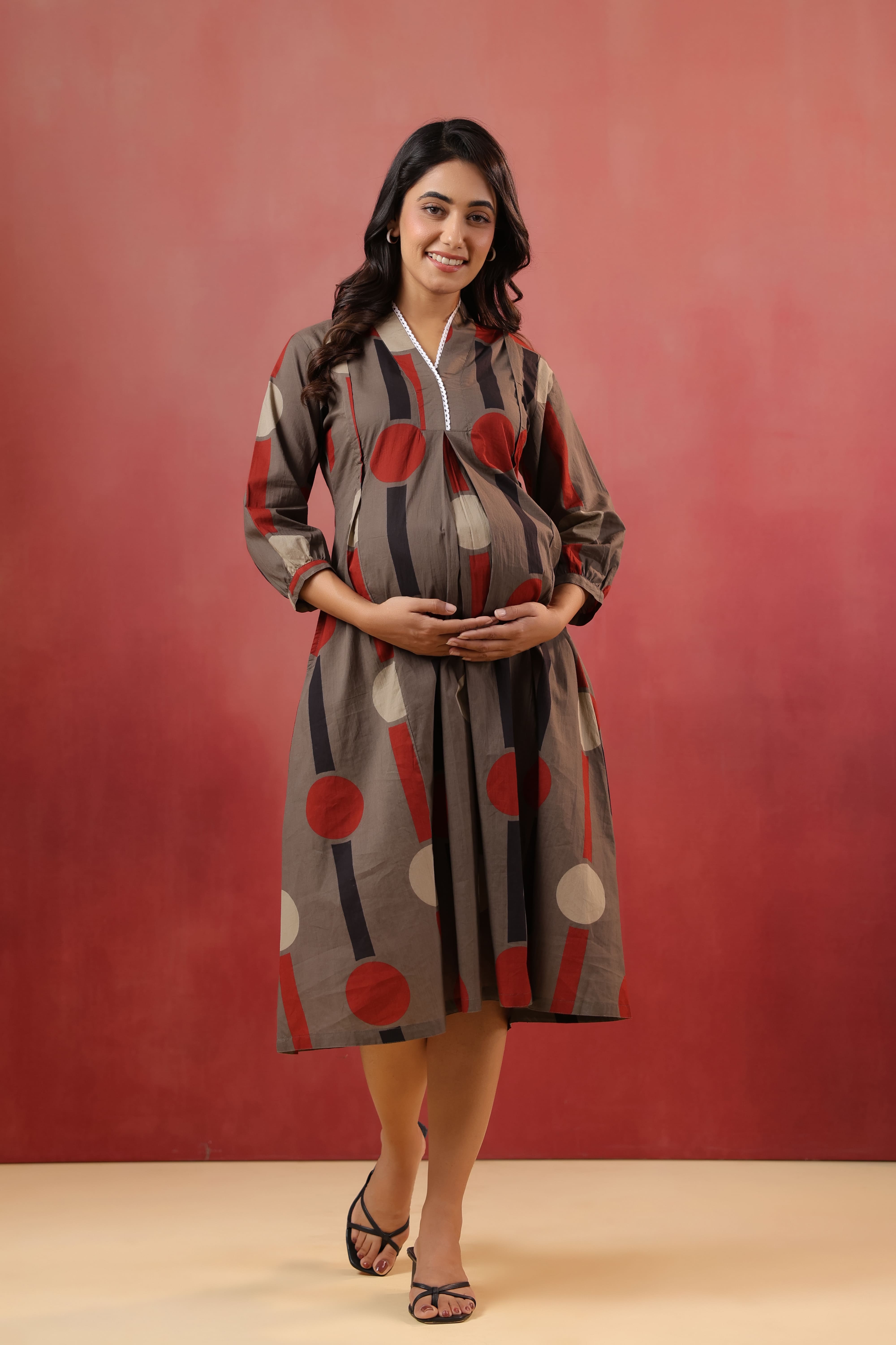 Mocha Geometric Ajrakh Cotton Maternity - Nursing Dress