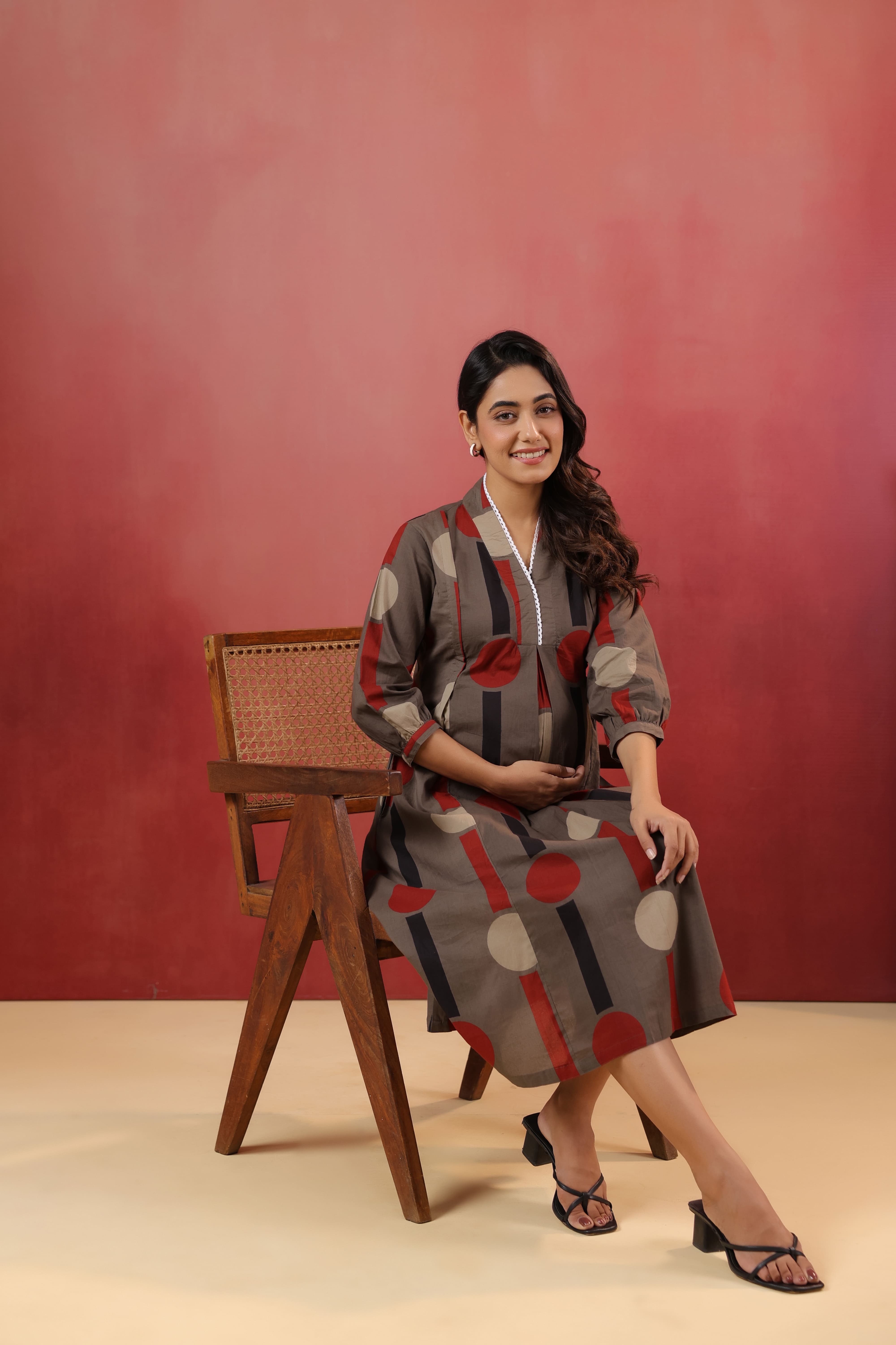 Mocha Geometric Ajrakh Cotton Maternity - Nursing Dress