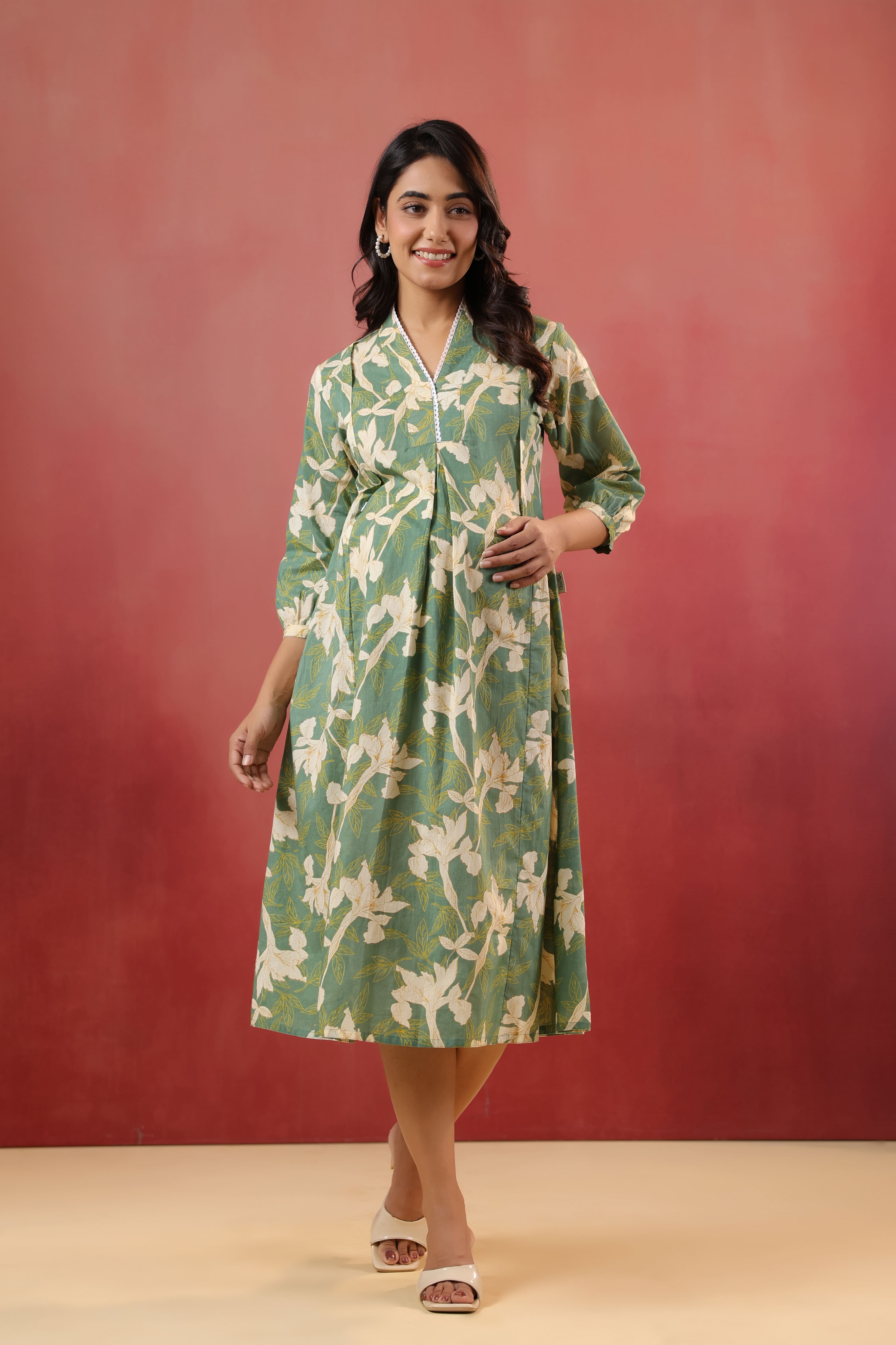 Fern Leaf Cotton Maternity - Nursing Dress