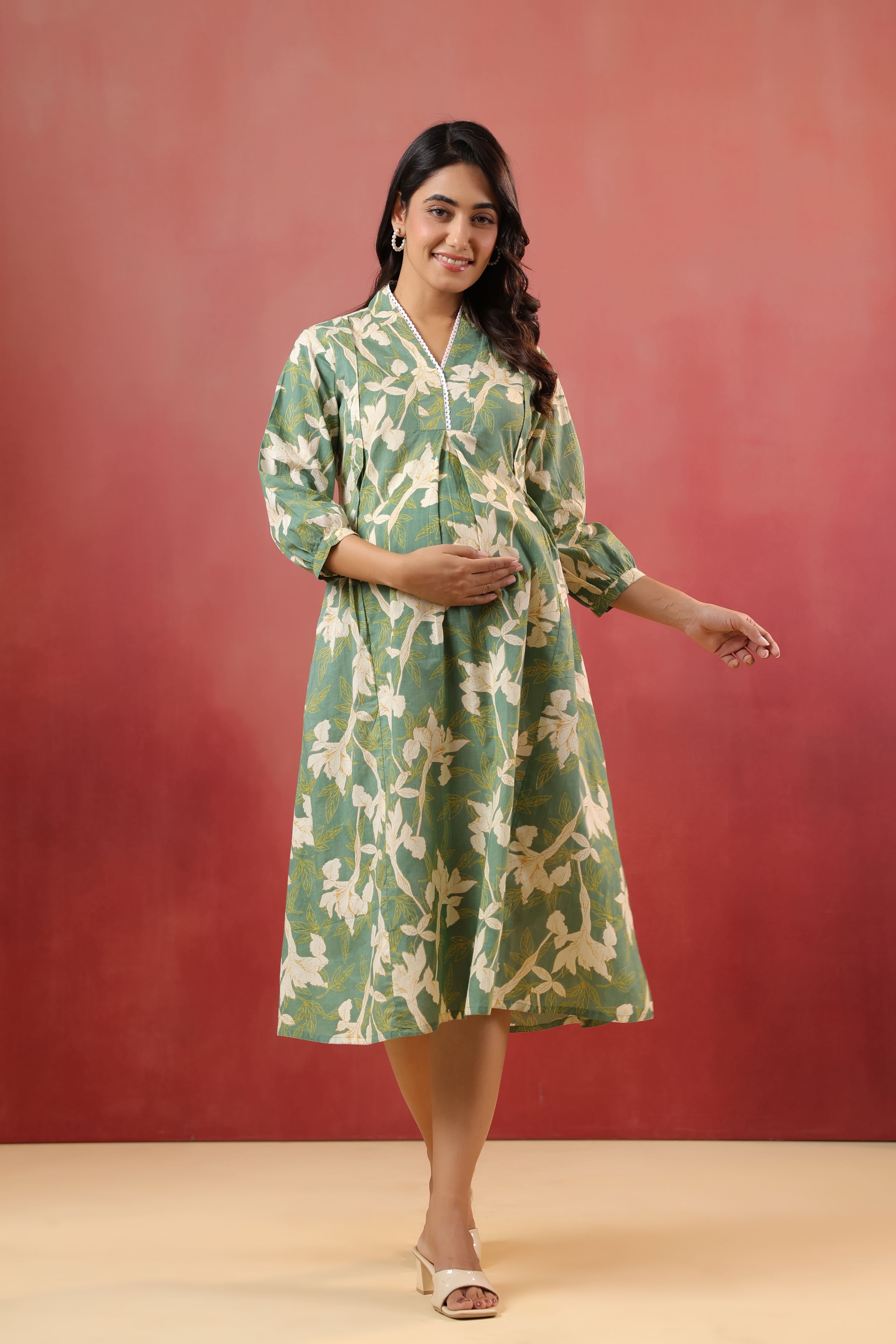 Fern Leaf Cotton Maternity - Nursing Dress
