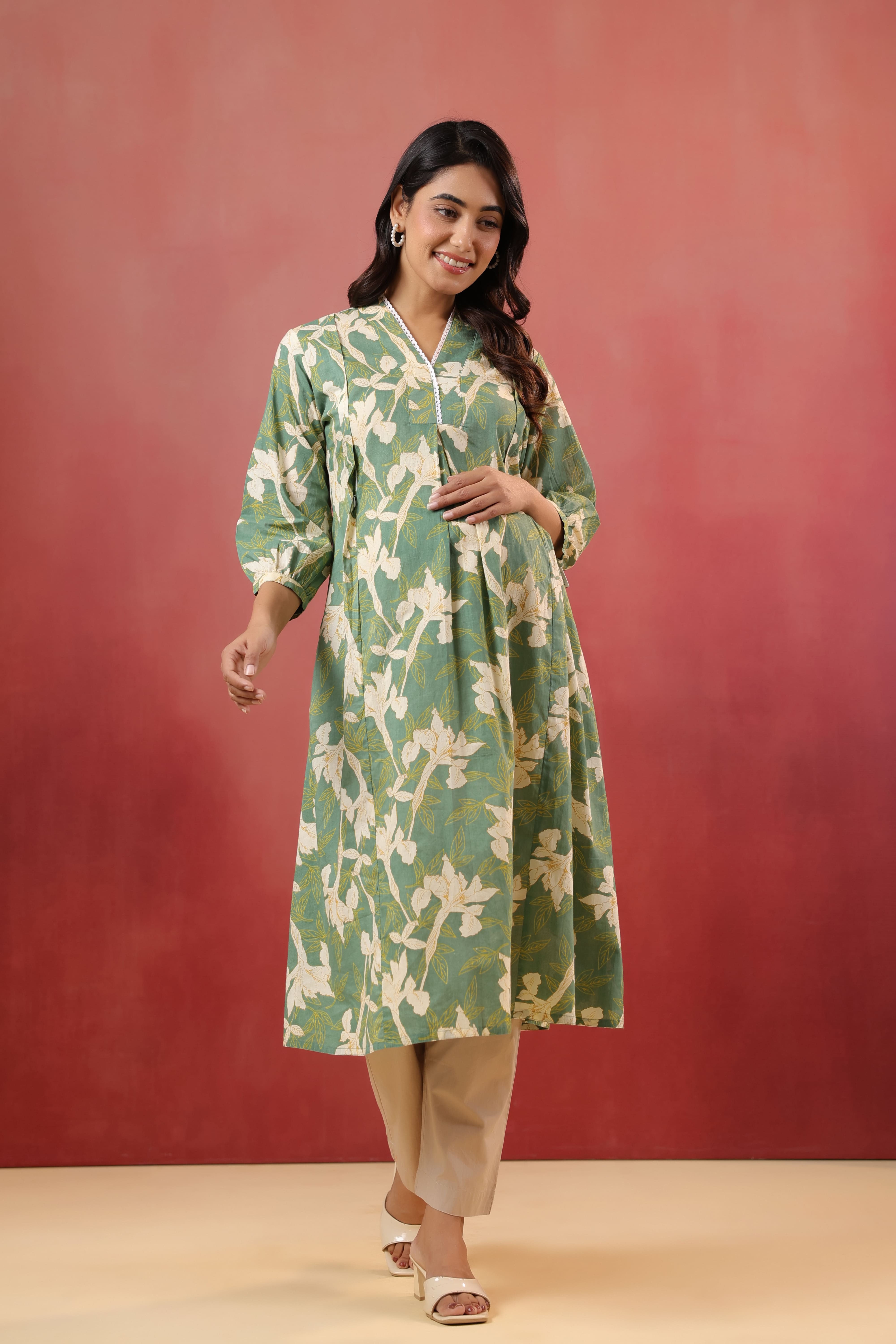 Fern Leaf Cotton Maternity - Nursing Kurta