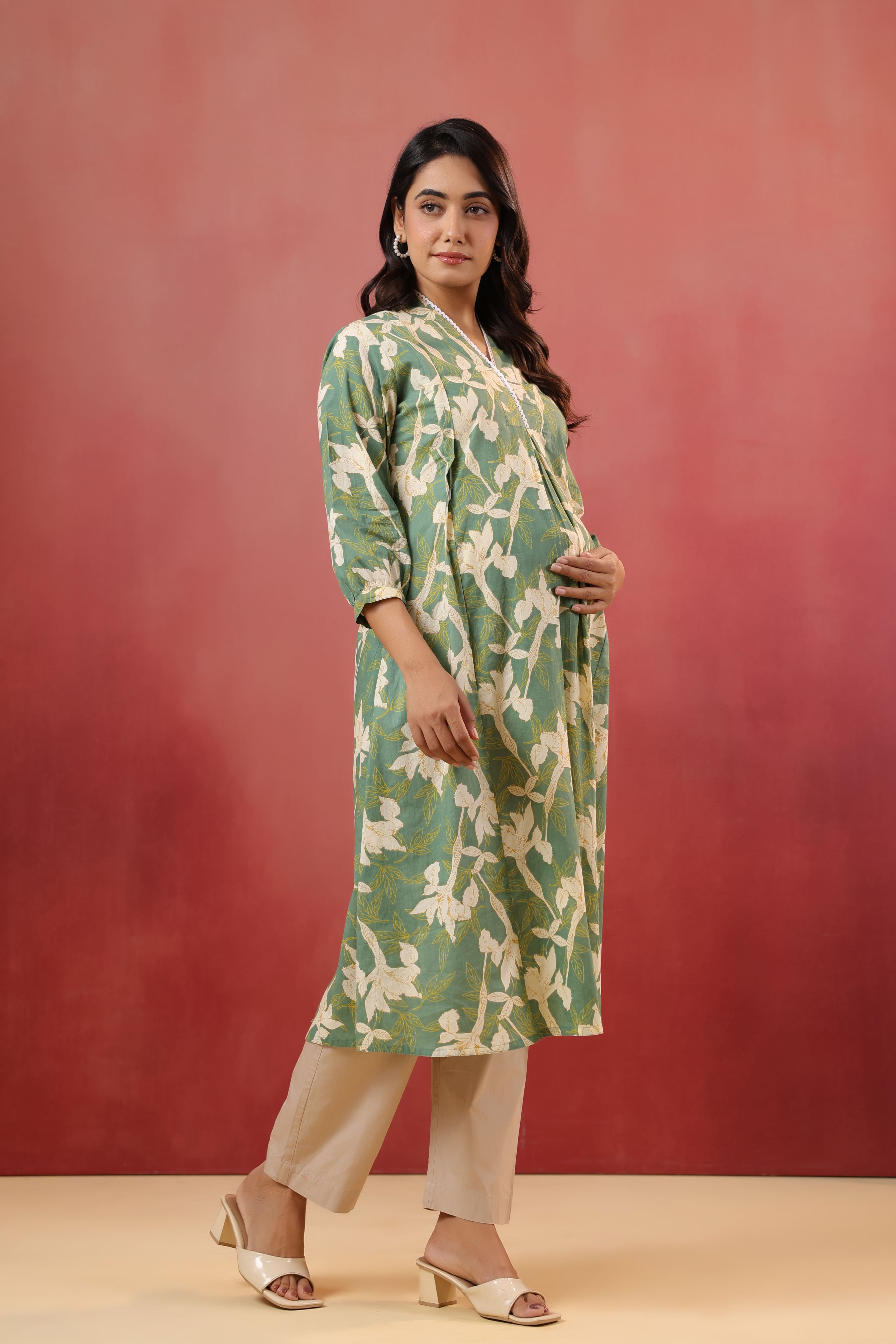 Fern Leaf Cotton Maternity - Nursing Kurta