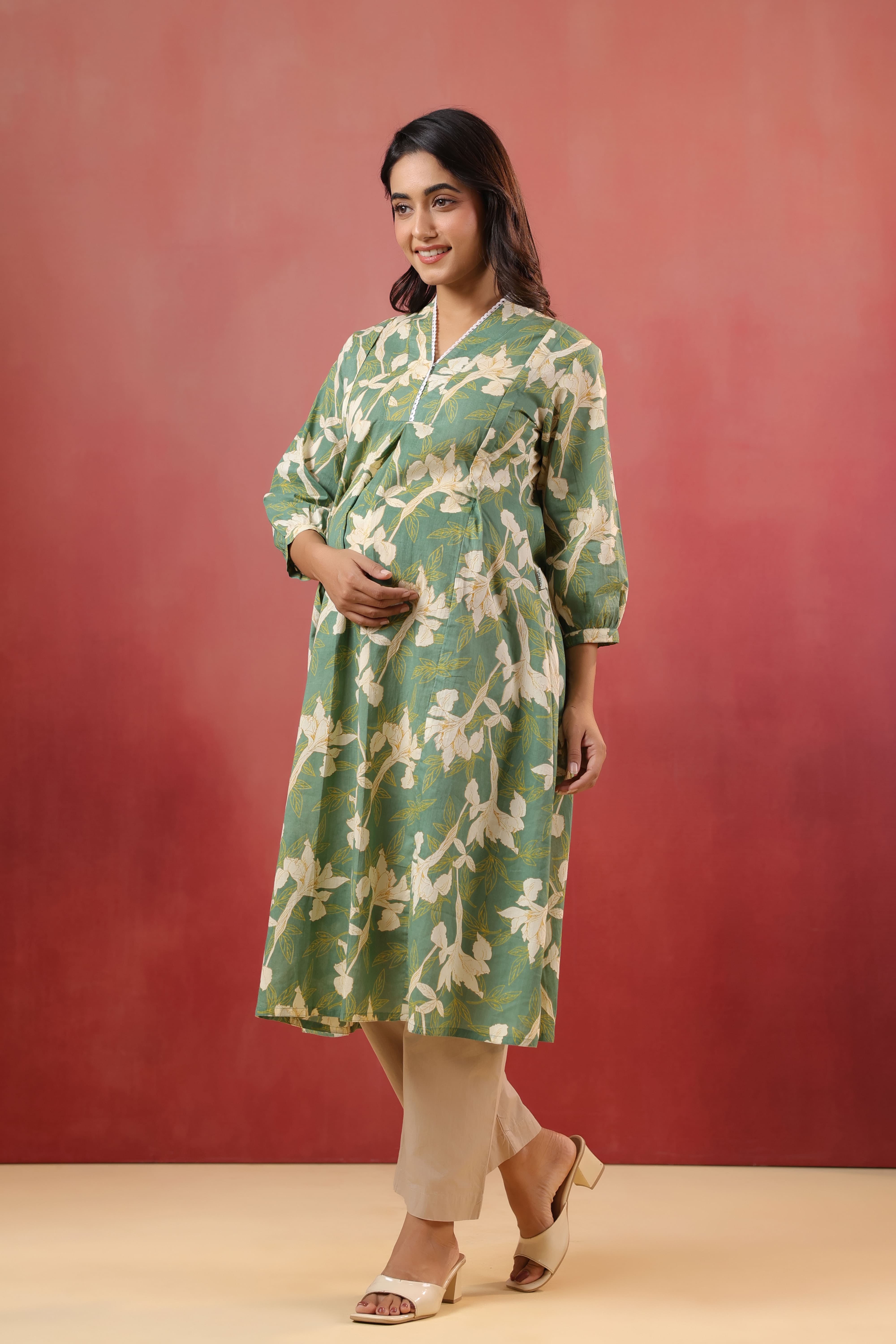 Fern Leaf Cotton Maternity - Nursing Kurta