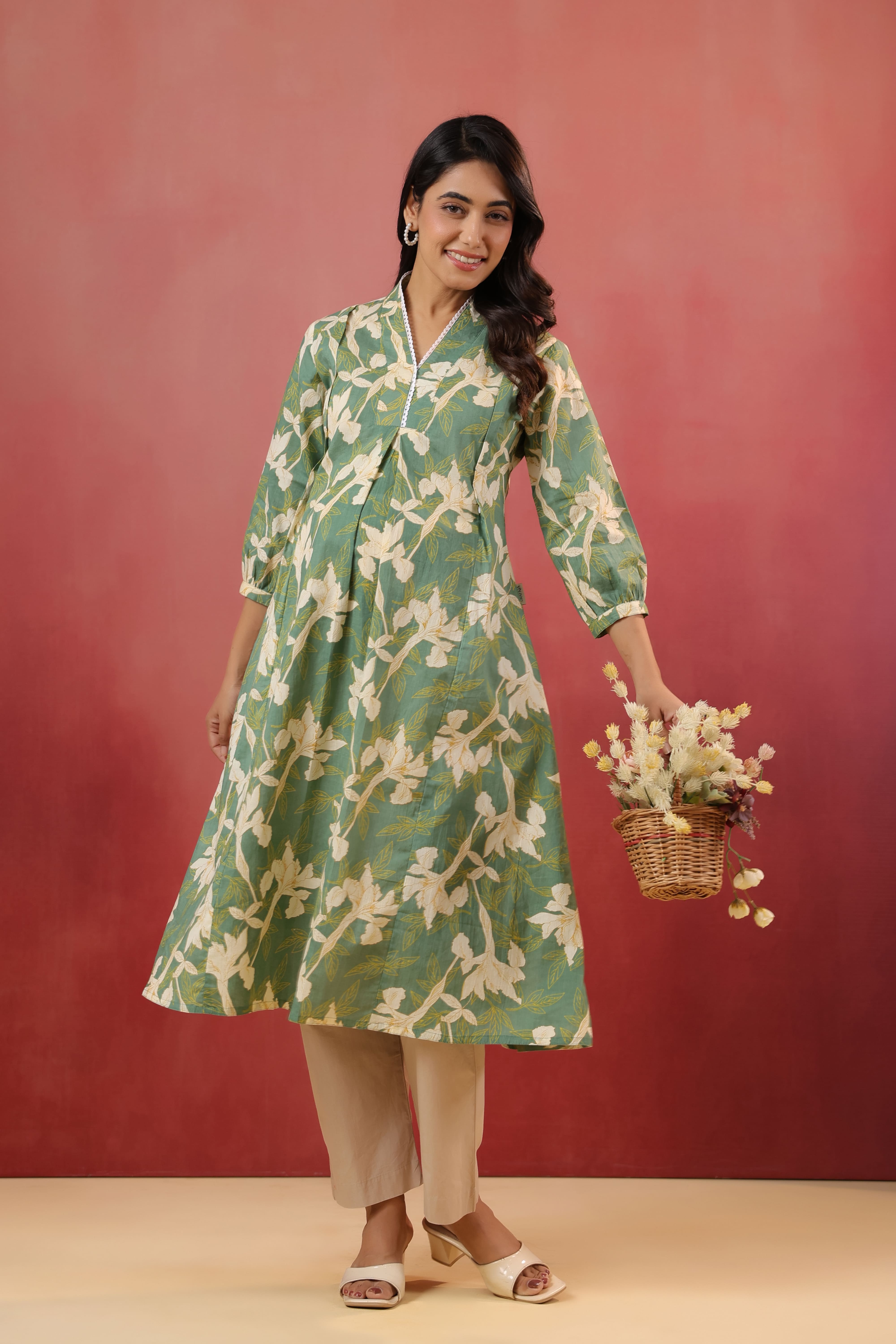 Fern Leaf Cotton Maternity - Nursing Kurta