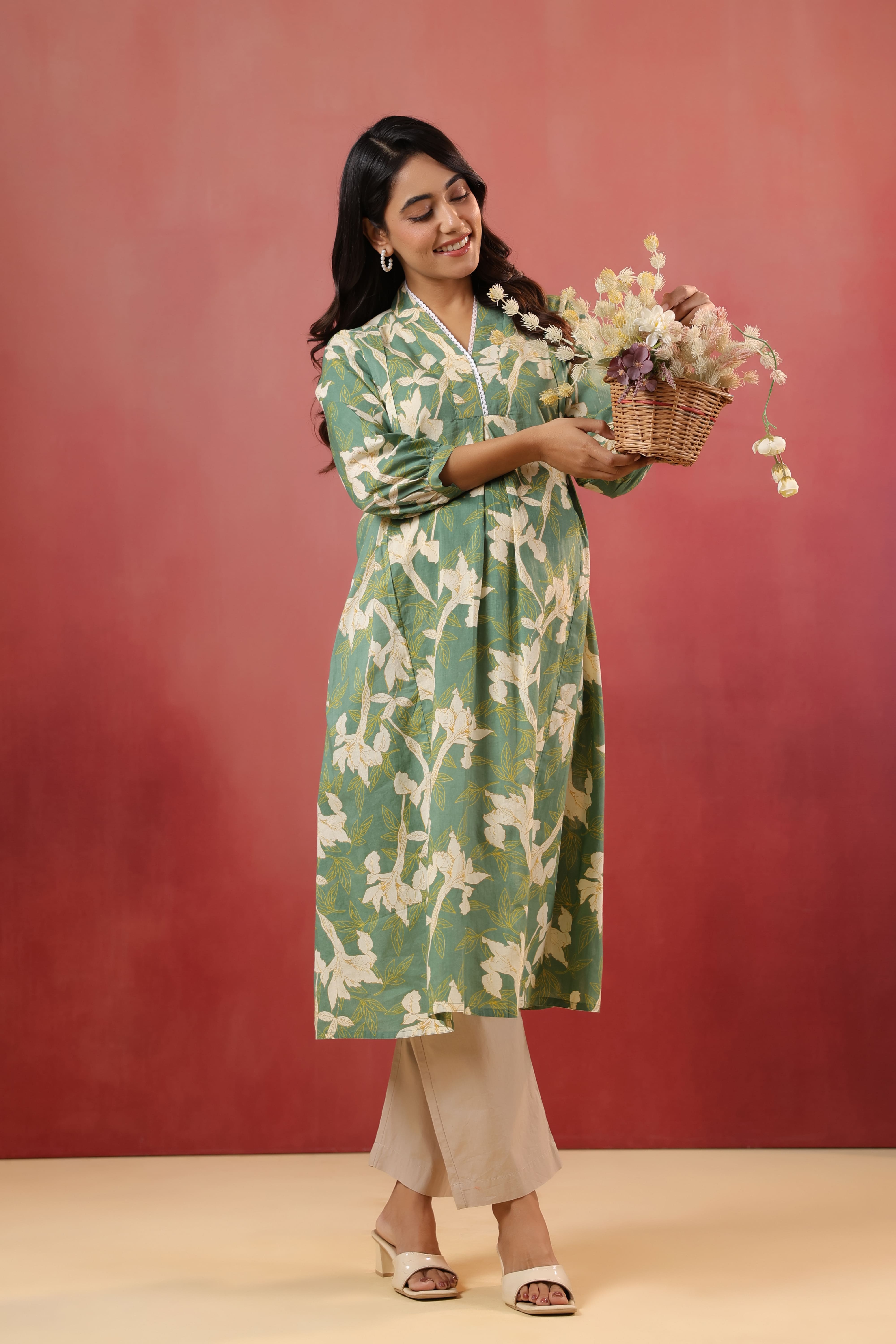 Fern Leaf Cotton Maternity - Nursing Kurta