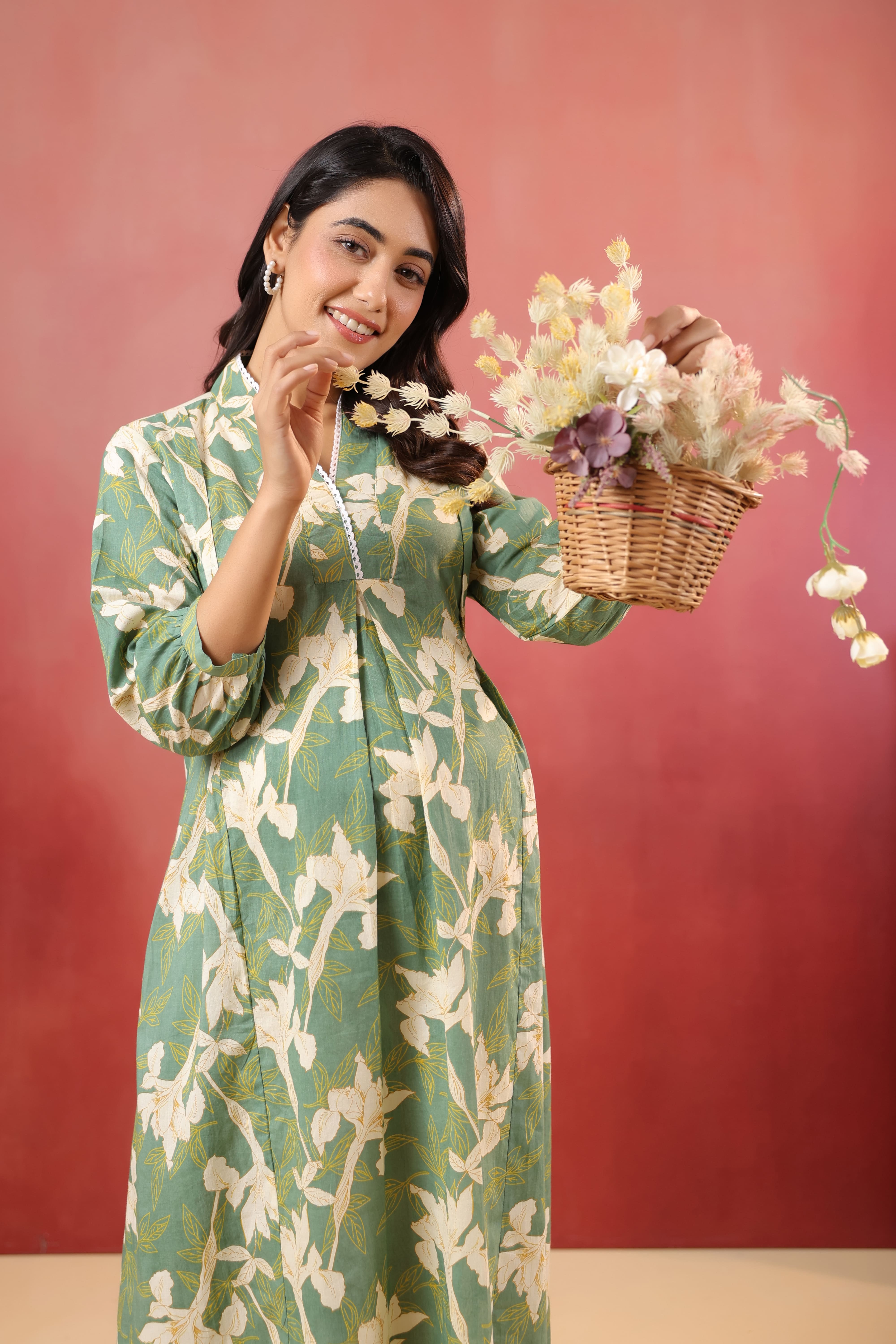 Fern Leaf Cotton Maternity - Nursing Kurta