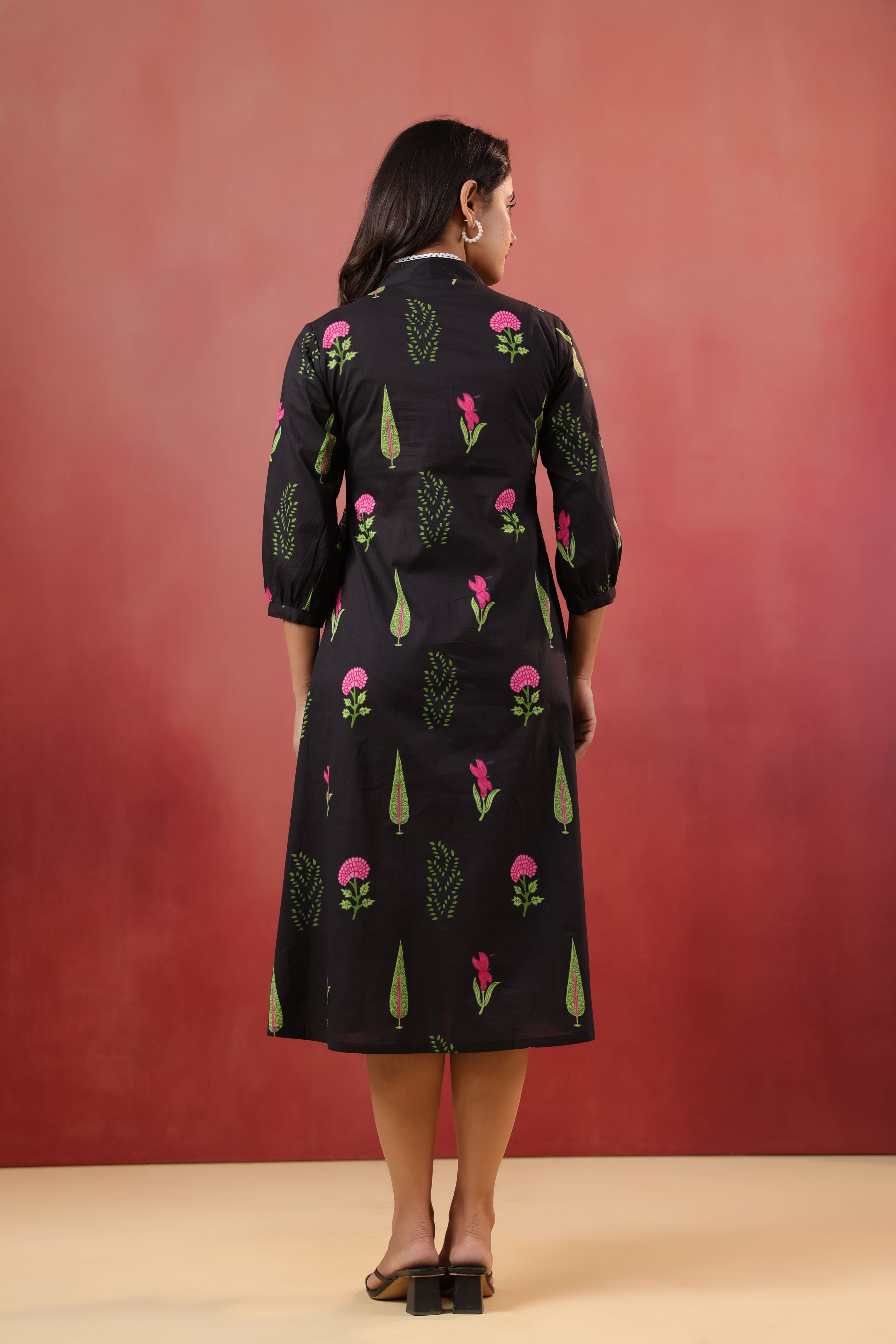 Power Black Mughal Boota Cotton Maternity - Nursing Dress