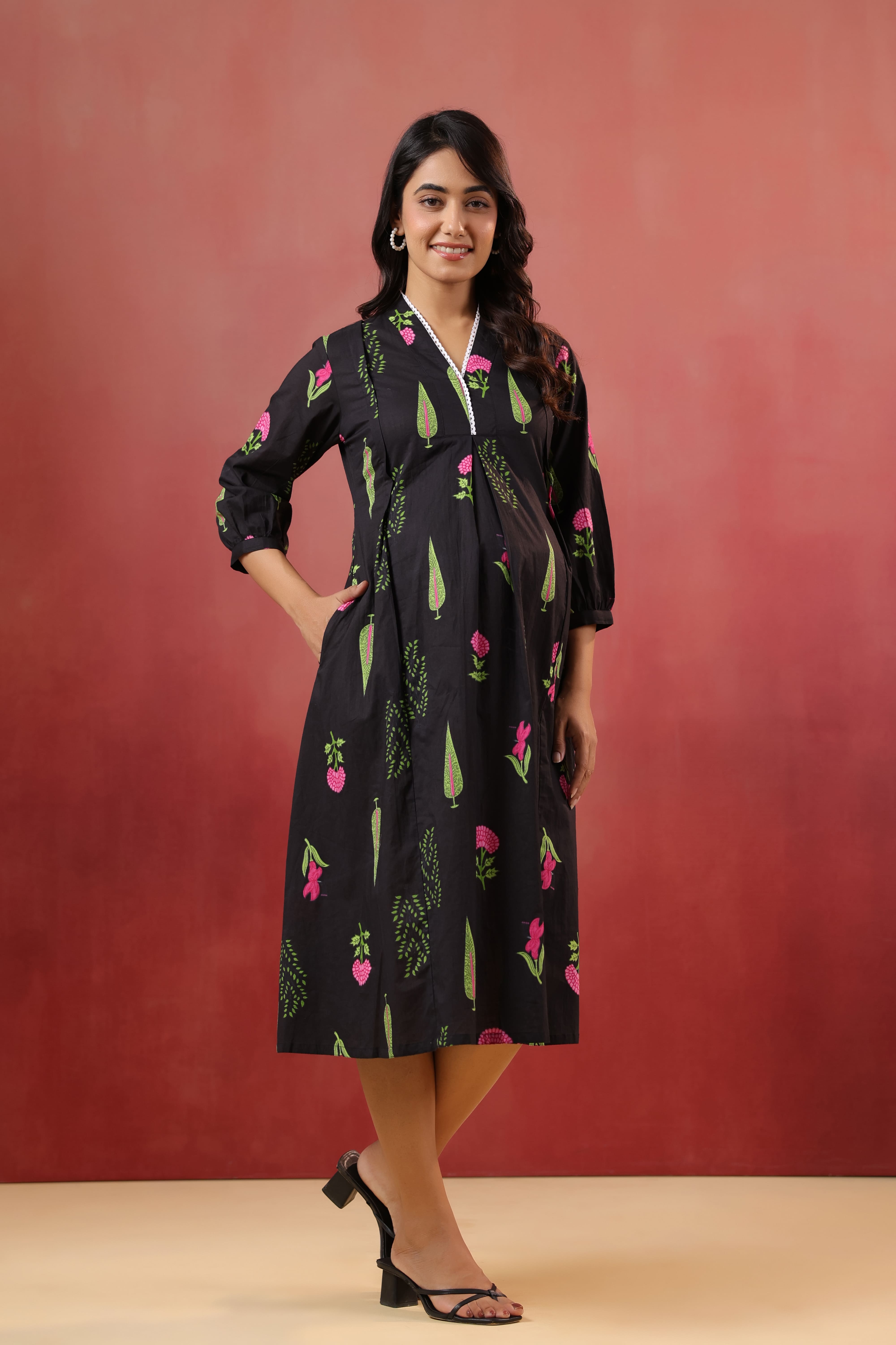 Power Black Mughal Boota Cotton Maternity - Nursing Dress