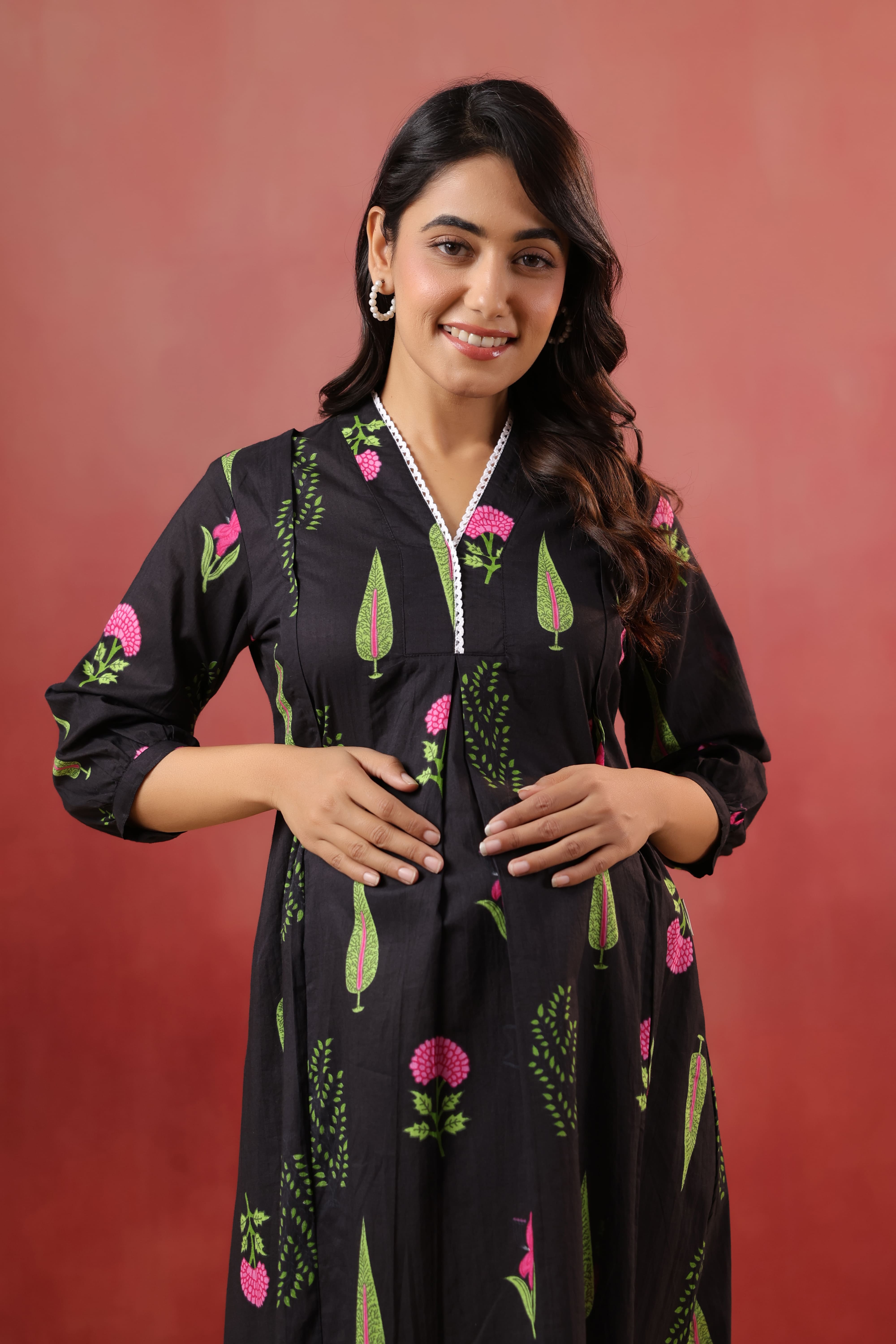 Power Black Mughal Boota Cotton Maternity - Nursing Kurta