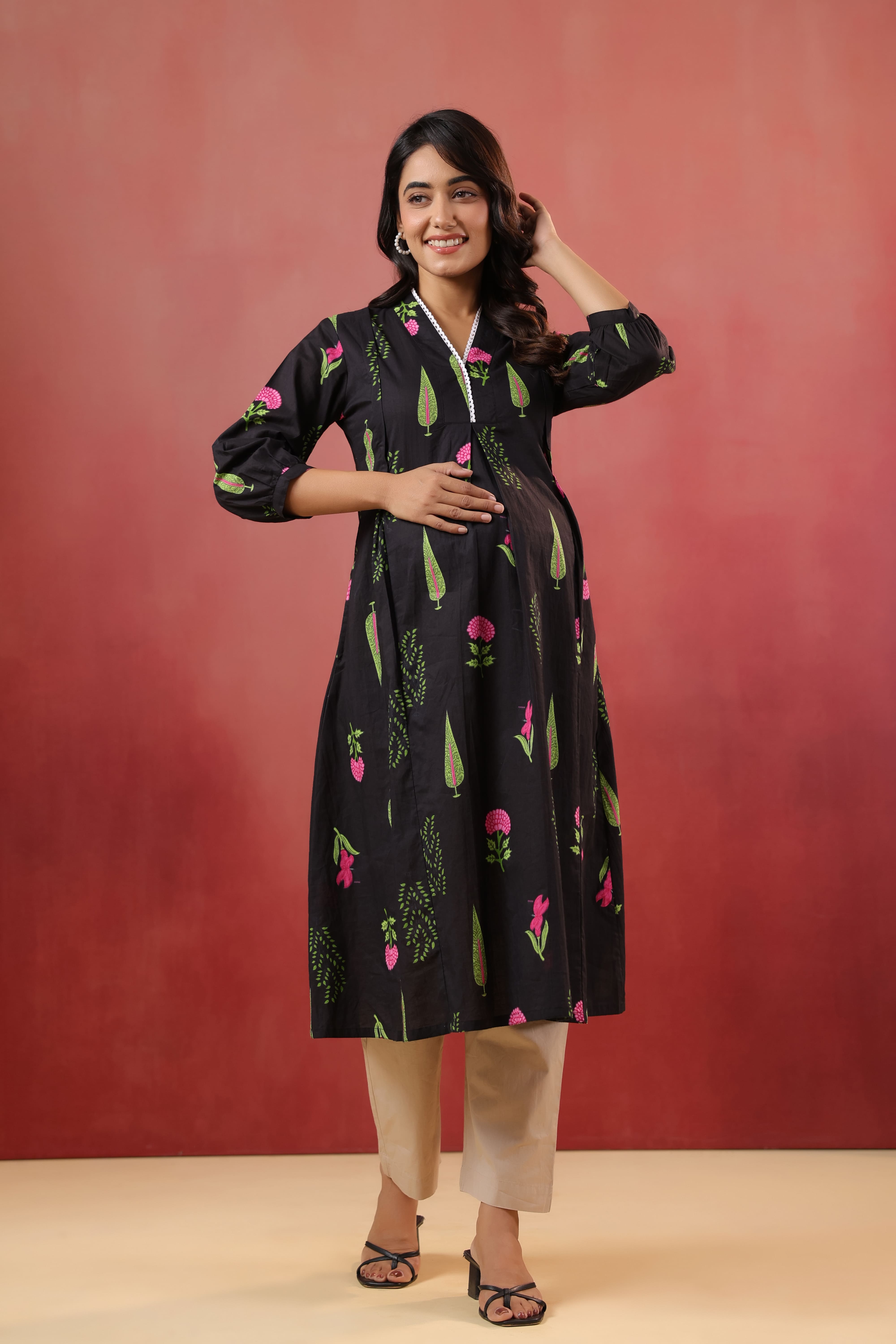 Power Black Mughal Boota Cotton Maternity - Nursing Kurta